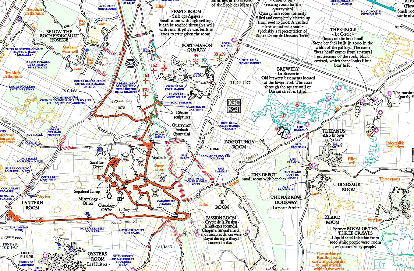 Snippet of the public catacombs in orange, and catacomb/quarry tunnels branching off.