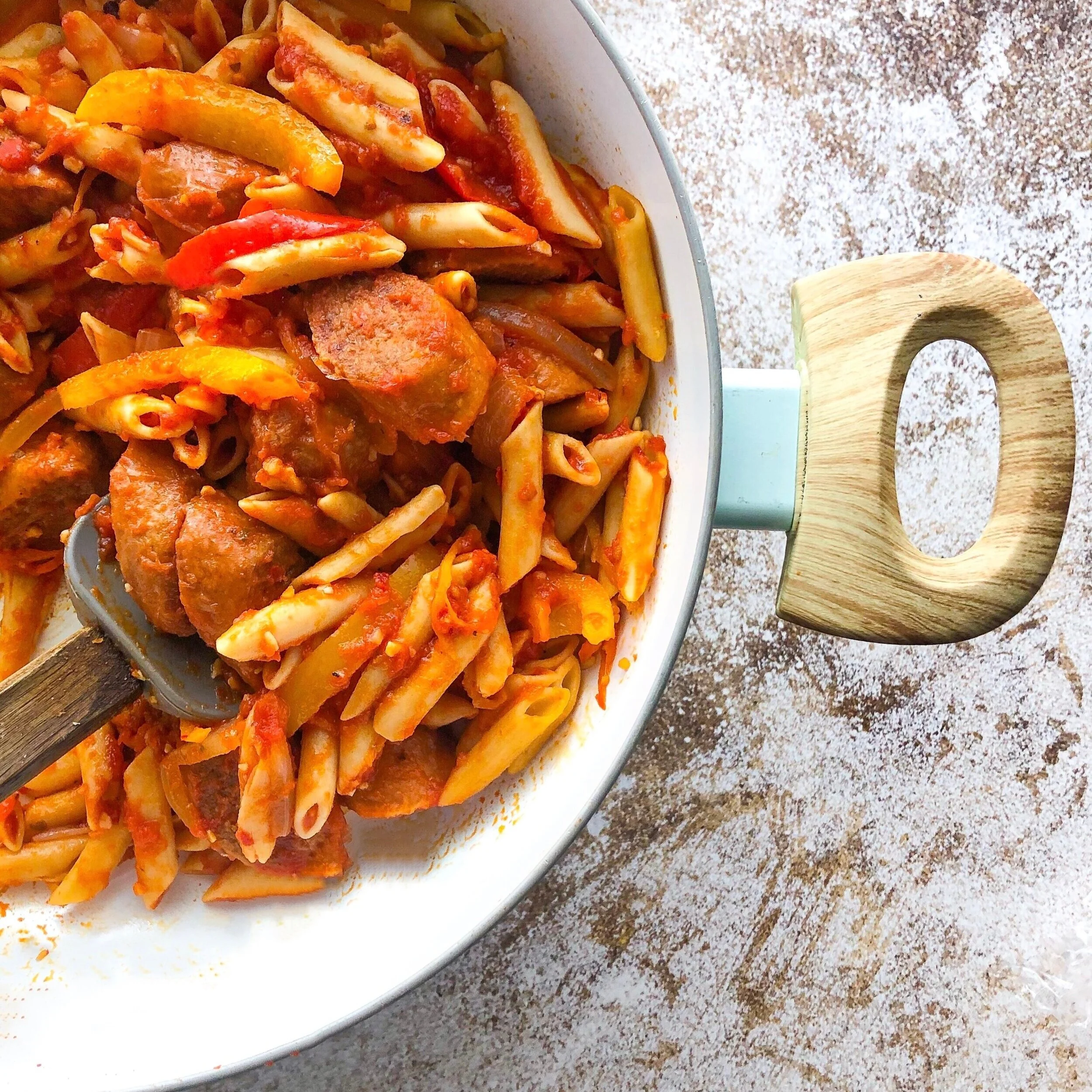 Easiest Sausage & Peppers Pasta Skillet (VEGAN)