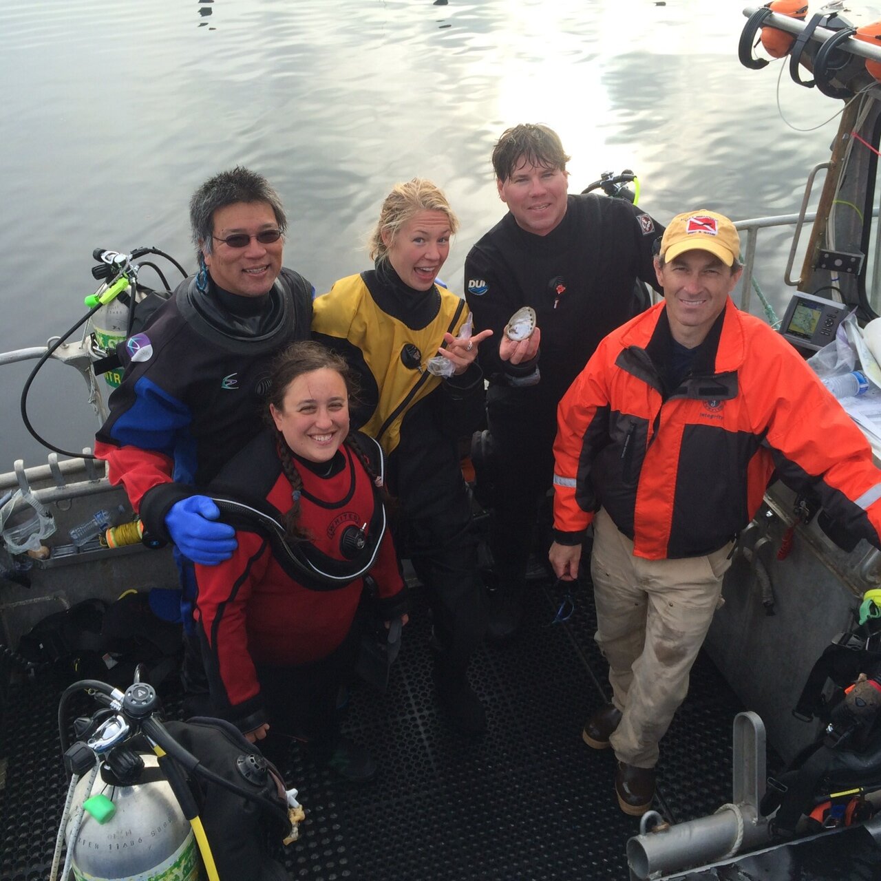  The A(balone) Team (left to right): Alan, Pema, Taylor, Nate, Kyle. Diving for abalone in Sitka, AK, during an American Academy of Underwater Science conference. Photo by Dr. Jim Nestler. 