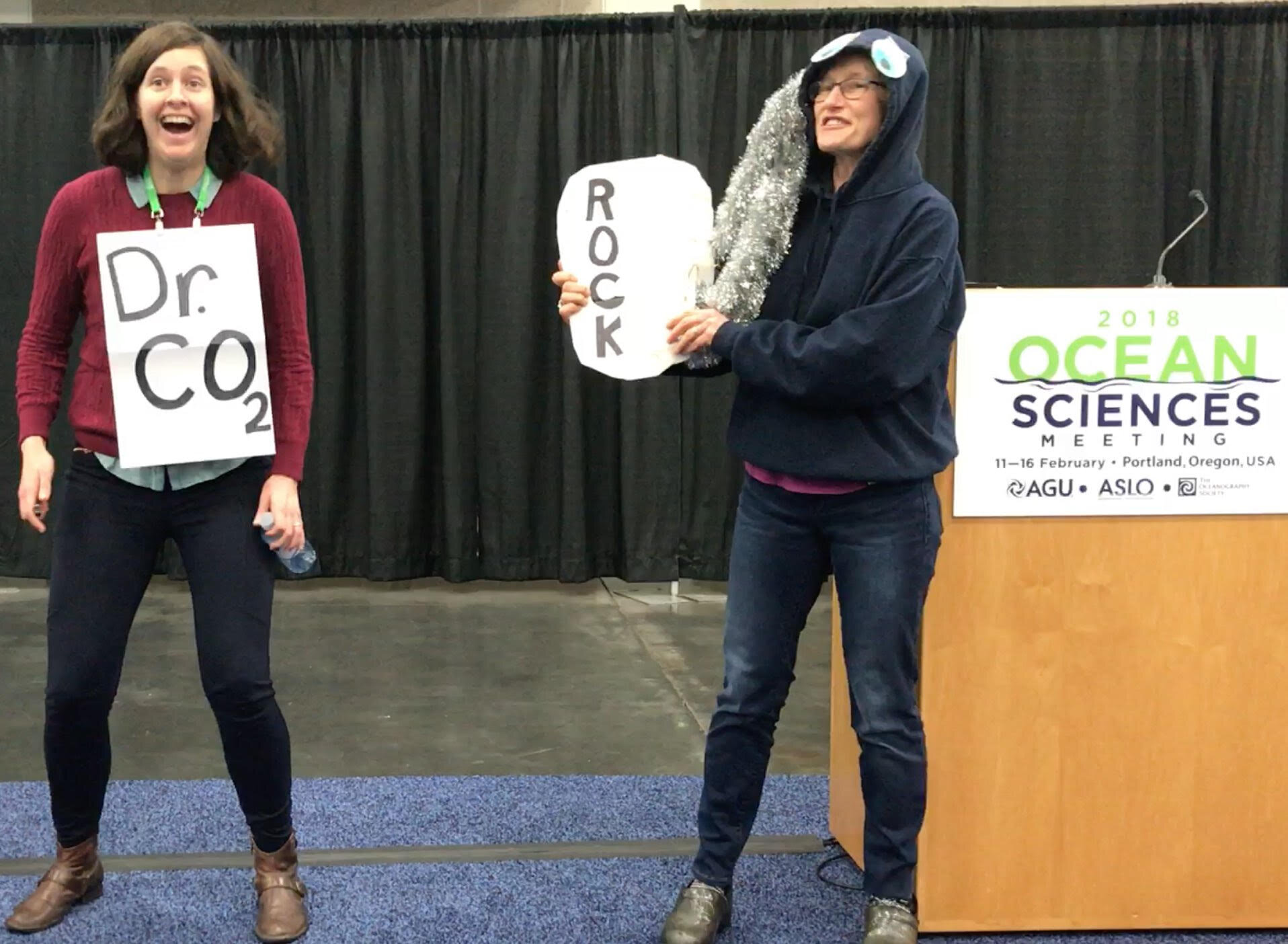   Meg performing a 3-minute skit about how excess CO2 weakens the fibers mussels use to attach to rocks.  