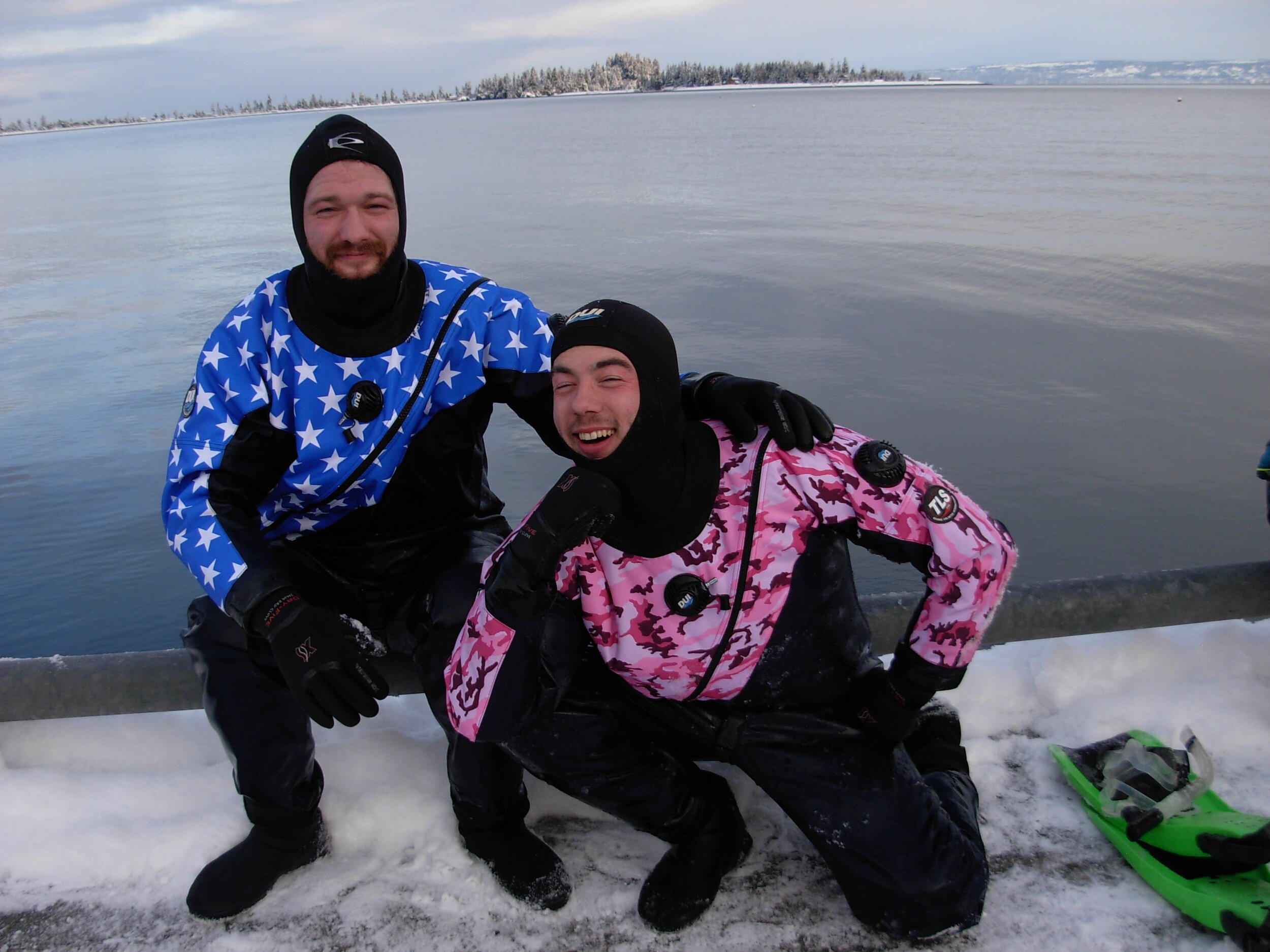  Thaddaeus (pink) and dive buddy (blue) returning from a winter dive in Alaska. 