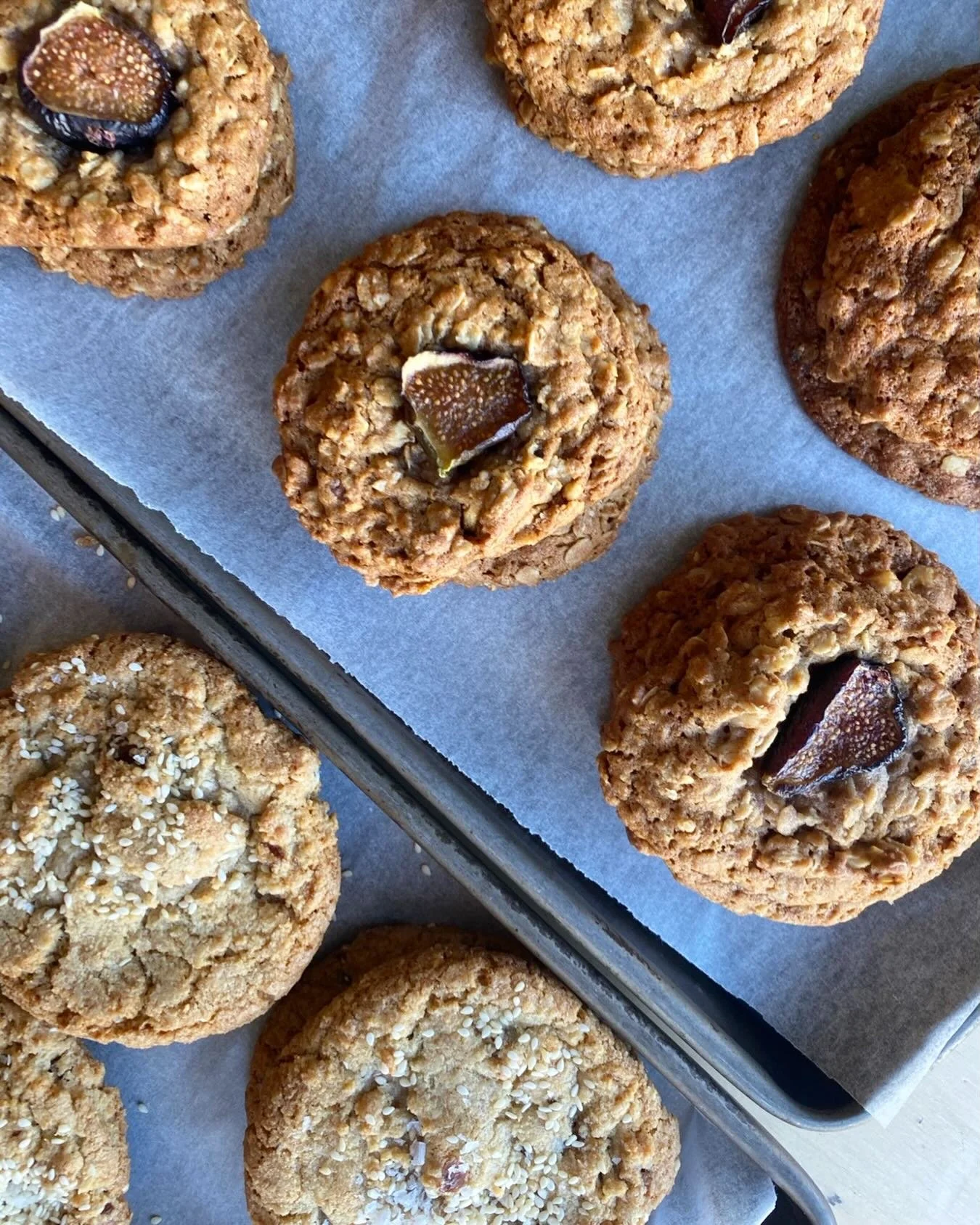 Cold days are for cookies. 

Pictured are sesame date cookies, and honey, walnut, and fig oatmeal cookies. 

We make everything in house, from scratch, every day.