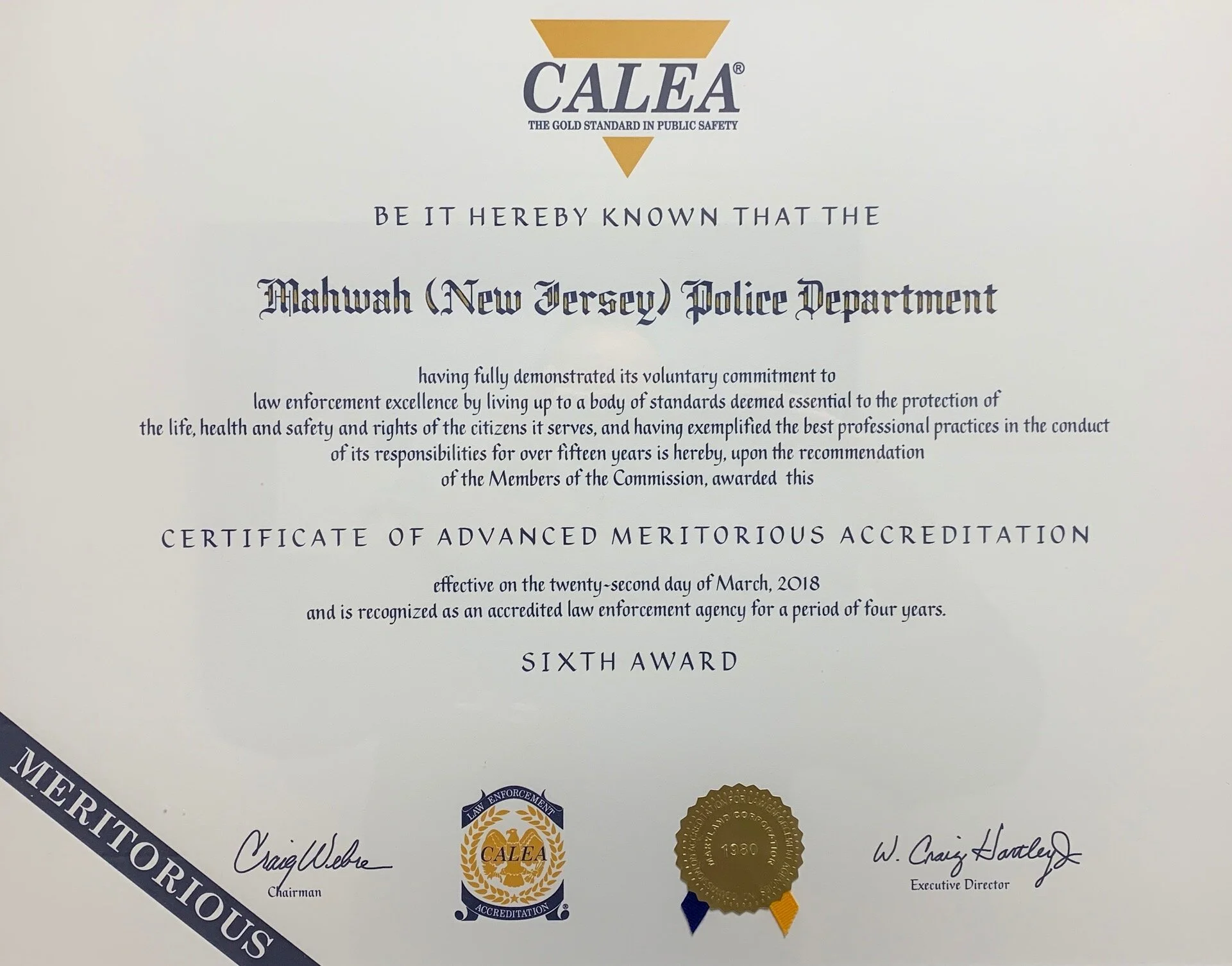Commission on Accreditation for Law Enforcement Agencies mahwah nj certificate
