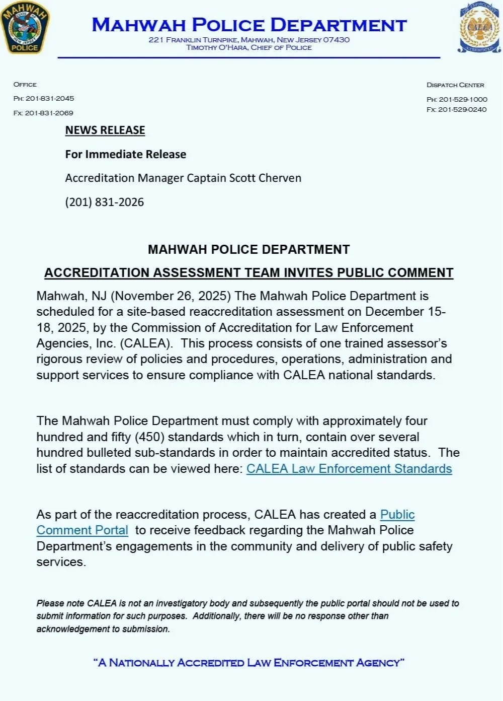 CALEA Accreditation Assessment Team Invites Public Comment