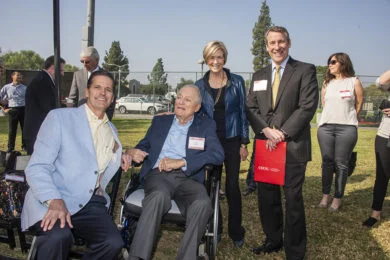 From left, Greg Easton, James L. Easton, Phyllis Easton, and Robert Gunsalus, CSUN’s vice president for university advancement, at the celebration on Oct. 22 marking the opening of a new archery range and the creation of a fellowship in CSUN’s College of Engineering and Computer Science. The Easton family, through the Easton Foundations, have given CSUN $1.5 million for the creation of the fellowship and to bolster resources for the Olympic-style sport of archery on campus. Photo by Lee Choo.