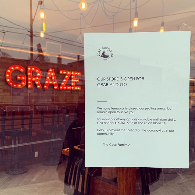 Dear neighbours, we have temporarily closed our seating area but remain open for pick up and delivery orders.
.
Stay strong, stay safe, we will get through this &hearts;️
.
.
.

#grazeatthegoat #toronto #the6ix #papevillage #danforth #eastyork #playt
