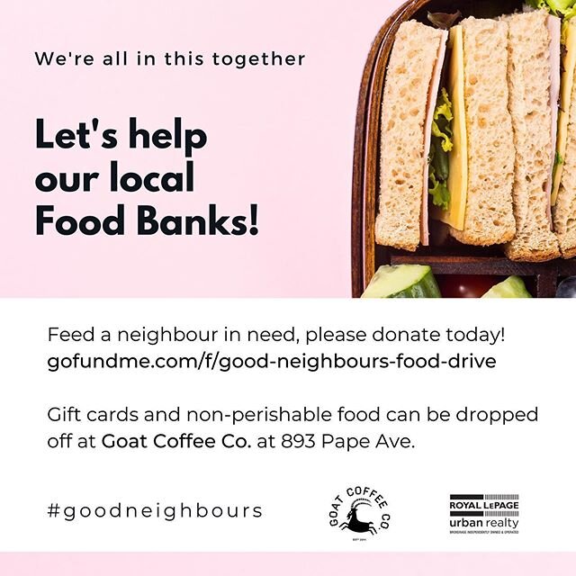 Neighbours, we need your help! Many of our local food banks are struggling to keep up with increased demand during the pandemic.
.
Help feed a neighbour in need, donate today! &hearts;️ #goodneighbours
.
Link in bio ✨
.
.
#grazeatthegoat #toronto #th