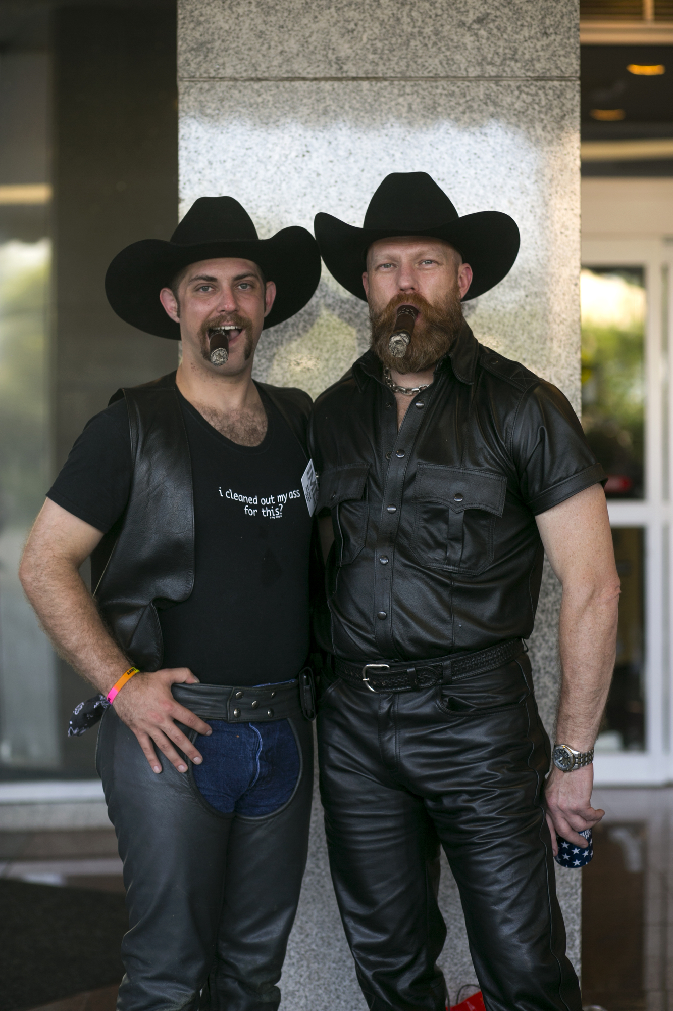  Sean, from Madison, WI, left, and Carl, from Fort Worth, right, at The 38th Annual International Mr. Leather held at The Congress Plaza Hotel in Chicago, on Saturday, May 28, 2016. 