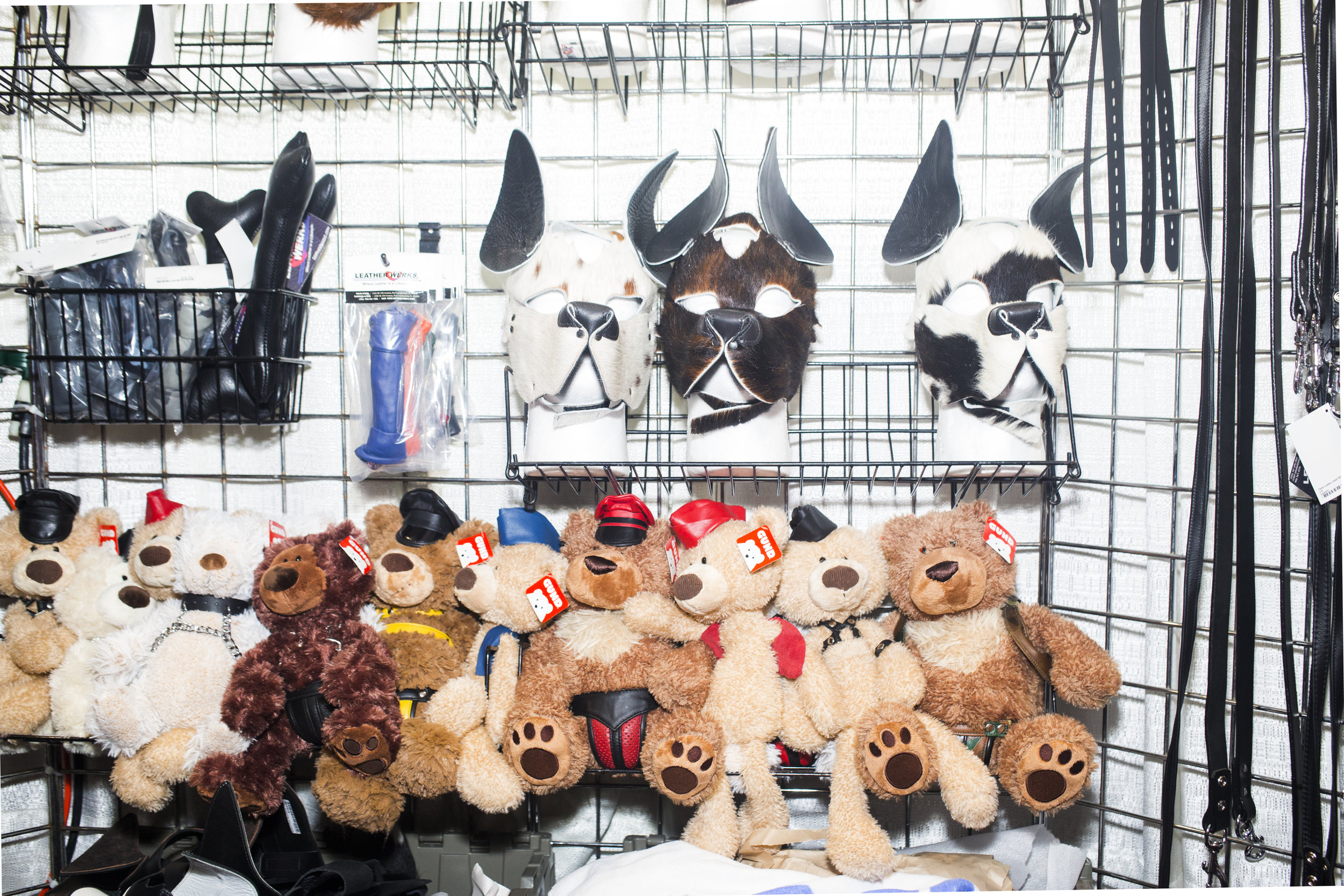  In the labyrinth of vendor booths at the leather market, attendees can find everything from poppers to pup masks with real fur, teddy bears in harnesses and leather caps, and bespoke leather works in every color.  