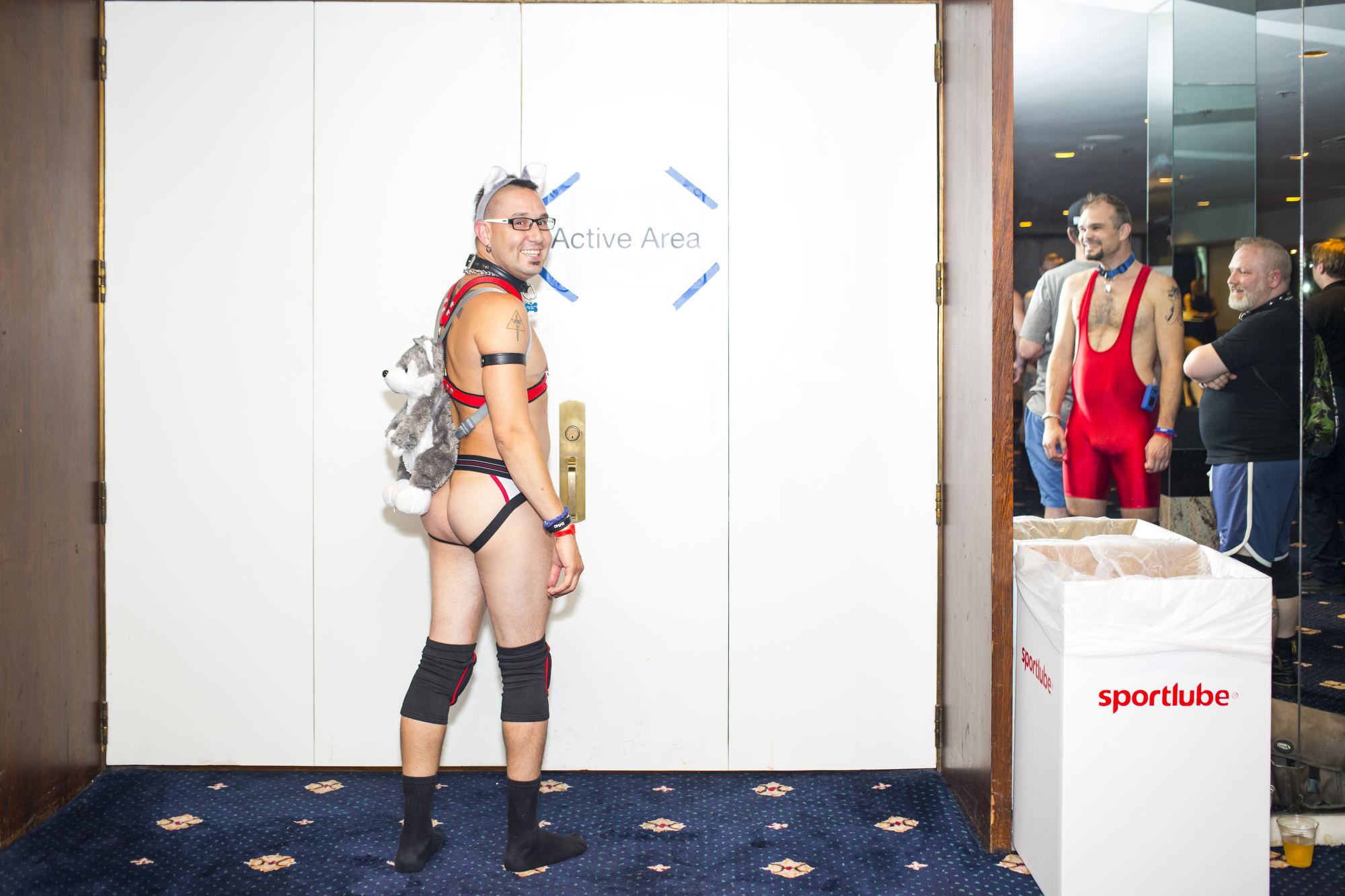  Pup Mohawk, 35, of Phoenix, AZ., poses for a portrait during "Off Leash" the Pup and Handler Romp on the evening of Friday, May 25th, 2018, during the 40th Annual International Mister Leather at The Congress Plaza Hotel in Chicago.   Pups and Handle