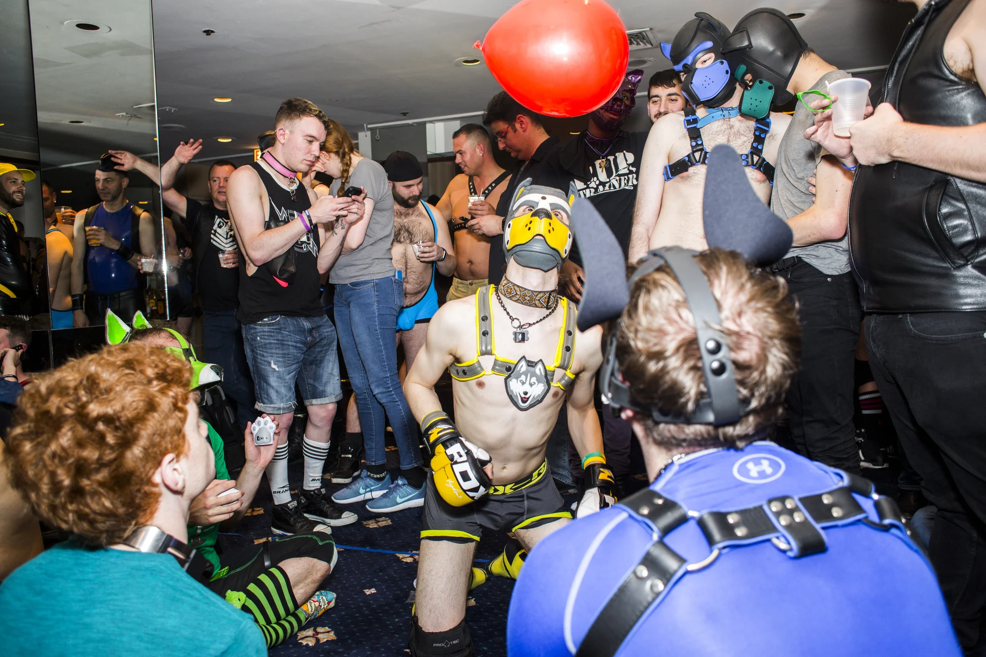  Pups play with a balloon, a prize from one of the pup piñatas during "Off Leash: The Pup and Handler Romp," at The 40th Annual International Mister Leather Competition held since it's inception in 1979 in Chicago at The Congress Plaza Hotel, on Frid