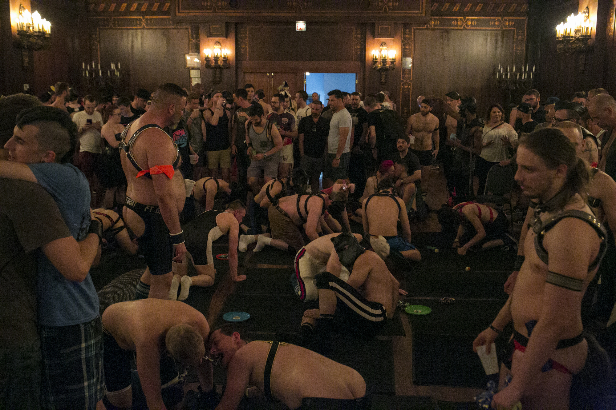  Pups and their handlers interact during Off Leash: The Pup and Handler Romp, a subset of the Leather &amp; Kink Community, during The 38th Annual International Mr. Leather held at The Congress Plaza Hotel in Chicago, on Saturday, May 28th, 2016. Pup