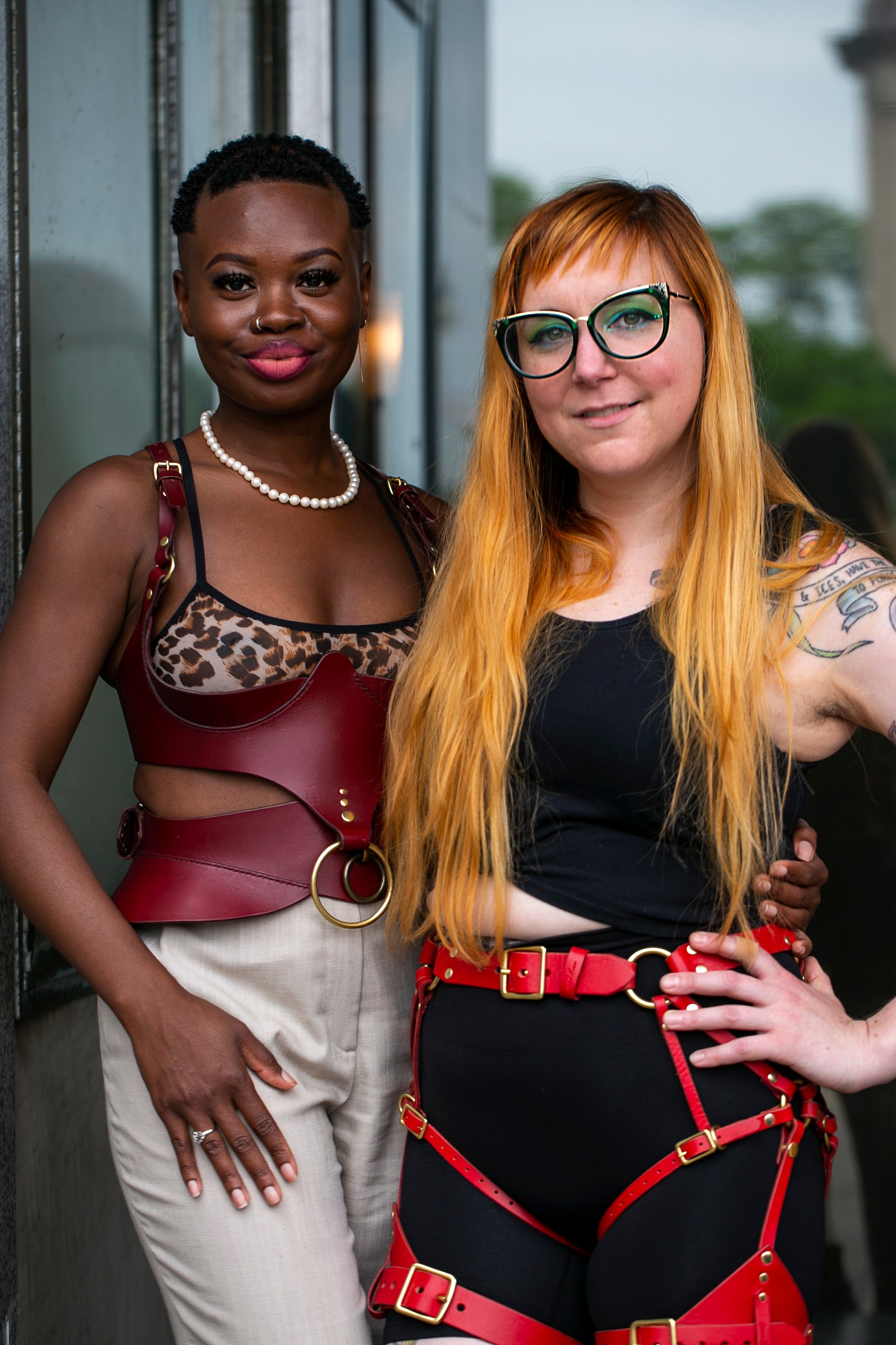  Goddess Koco, left, and Emma Alamo, right, local leatherworker, and creator of both looks, at IML 2022. 