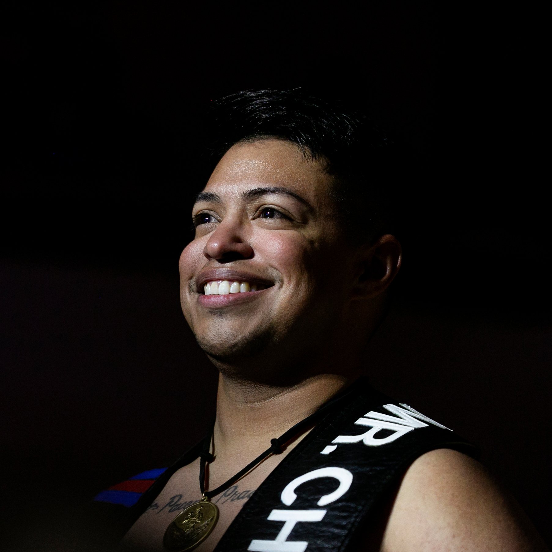  Butch Romero, Mr. Chicago Leather 2020, walks on stage at The Auditorium Theater, one of 54 competitors in International Mister Leather 45, Saturday May 27, 2023, Chicago, IL.  