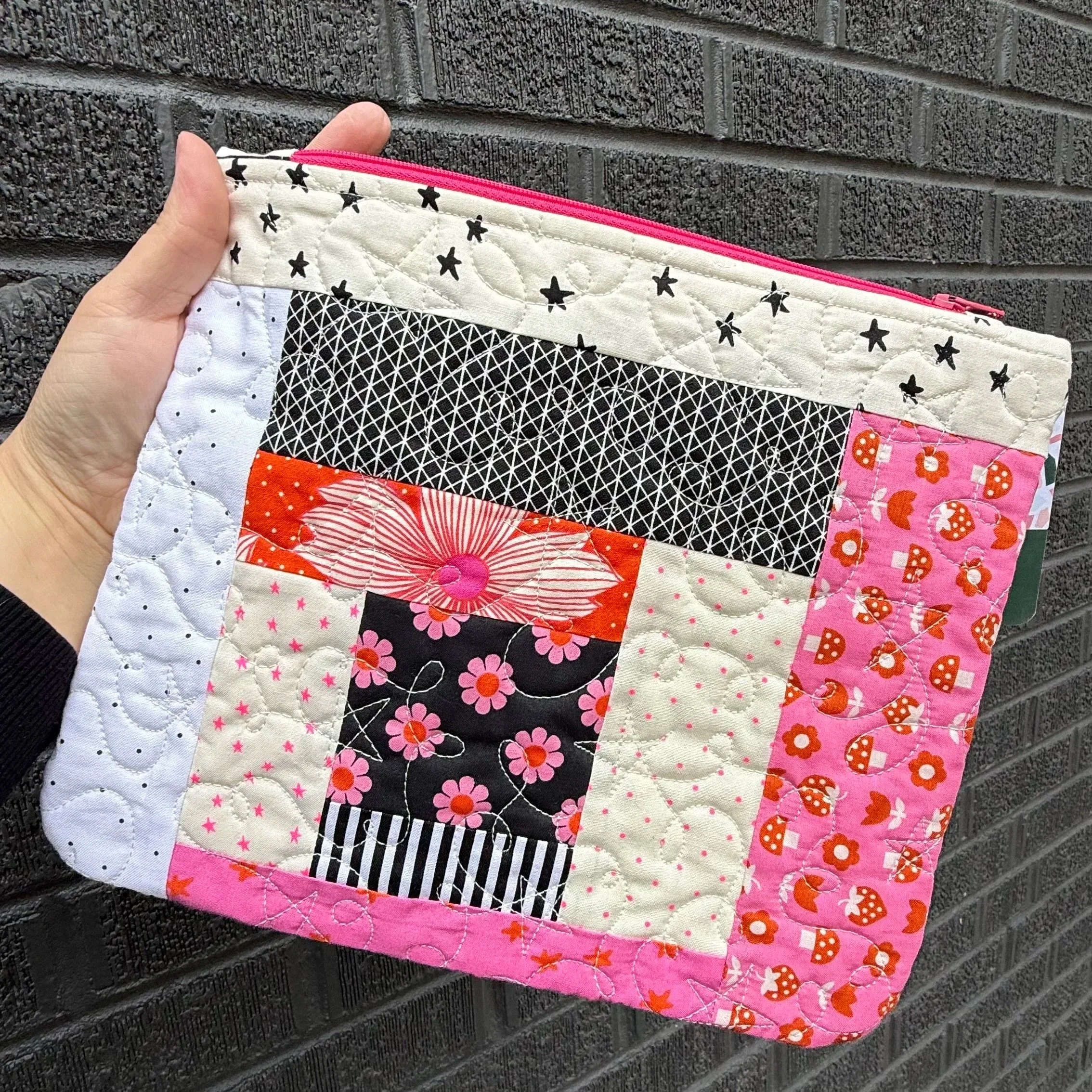 Quilted Zipper Pouch | Whimsy Punk w/ Pink Mushroom Backing