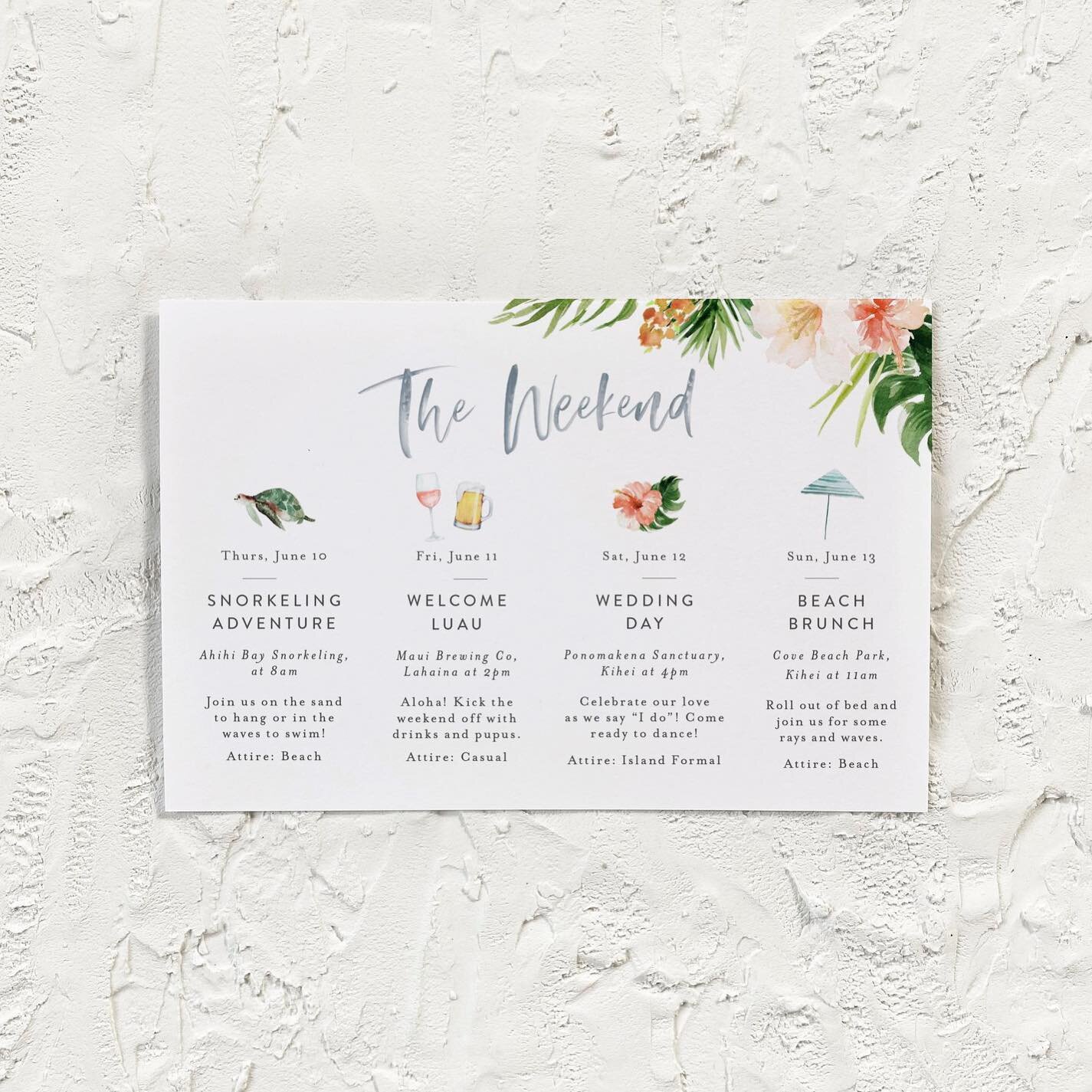 Aloha! This weekend events card can be ordered separately so you can add it to the Kailani invitation suite or use it on its own! Link to shop in bio! 🌺 #hawaiiweddinginvites #semicustominvitations #kellydesignco