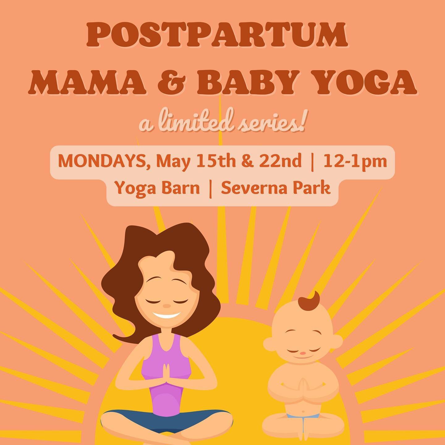 We&rsquo;re back for more Mama &amp; Baby Yoga!🧘🏻&zwj;♀️👶🏼

A 2-week limited series for postpartum Mamas to receive much needed yoga and self-care support 💫.

Class includes gentle and grounding movement to help connect back to your body 🧘🏻&zw
