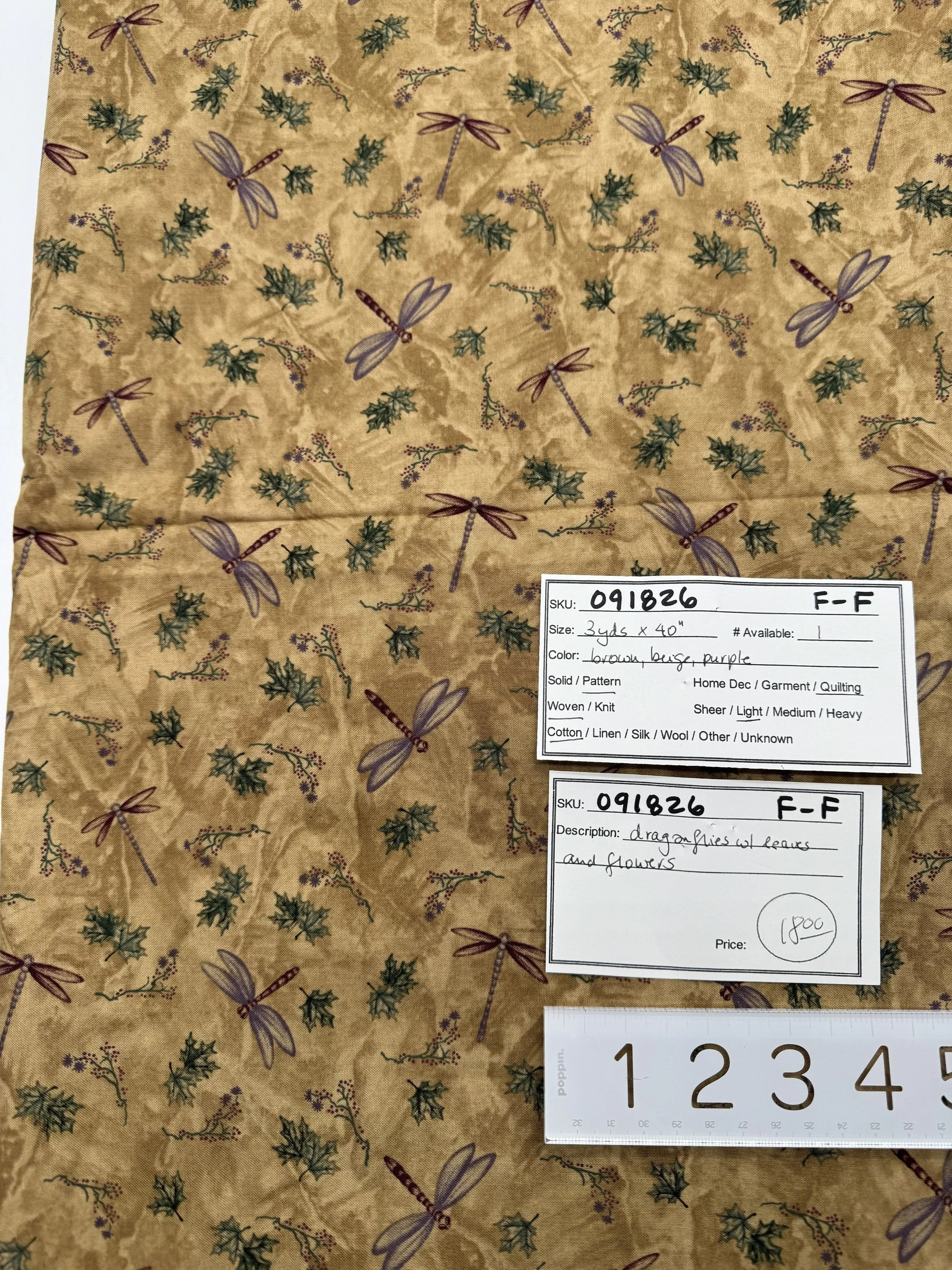 091826-F-F Dragonflies with flora; Cotton; 3 yds x 40"