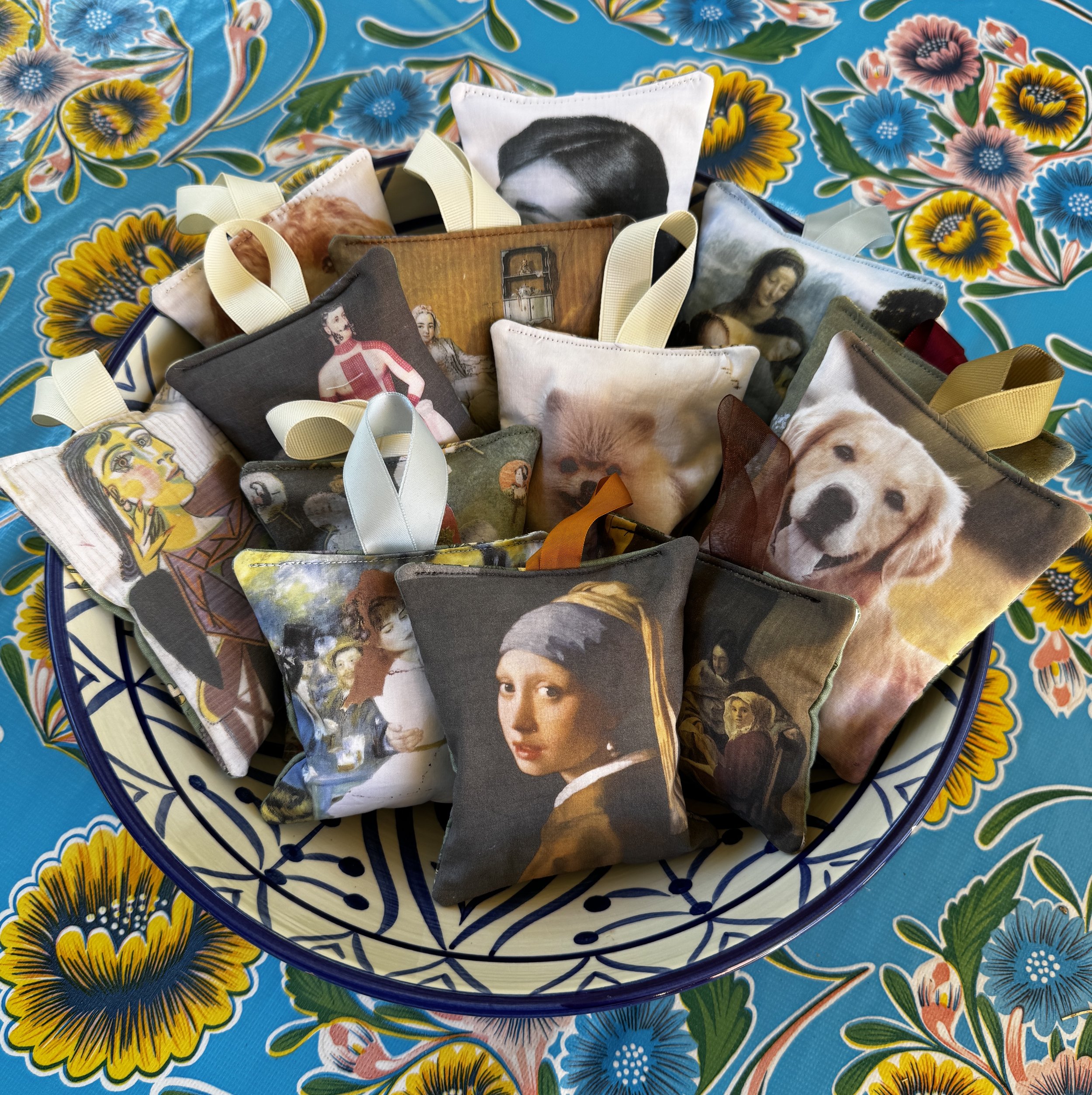Lavender sachets made out of art print fabric
