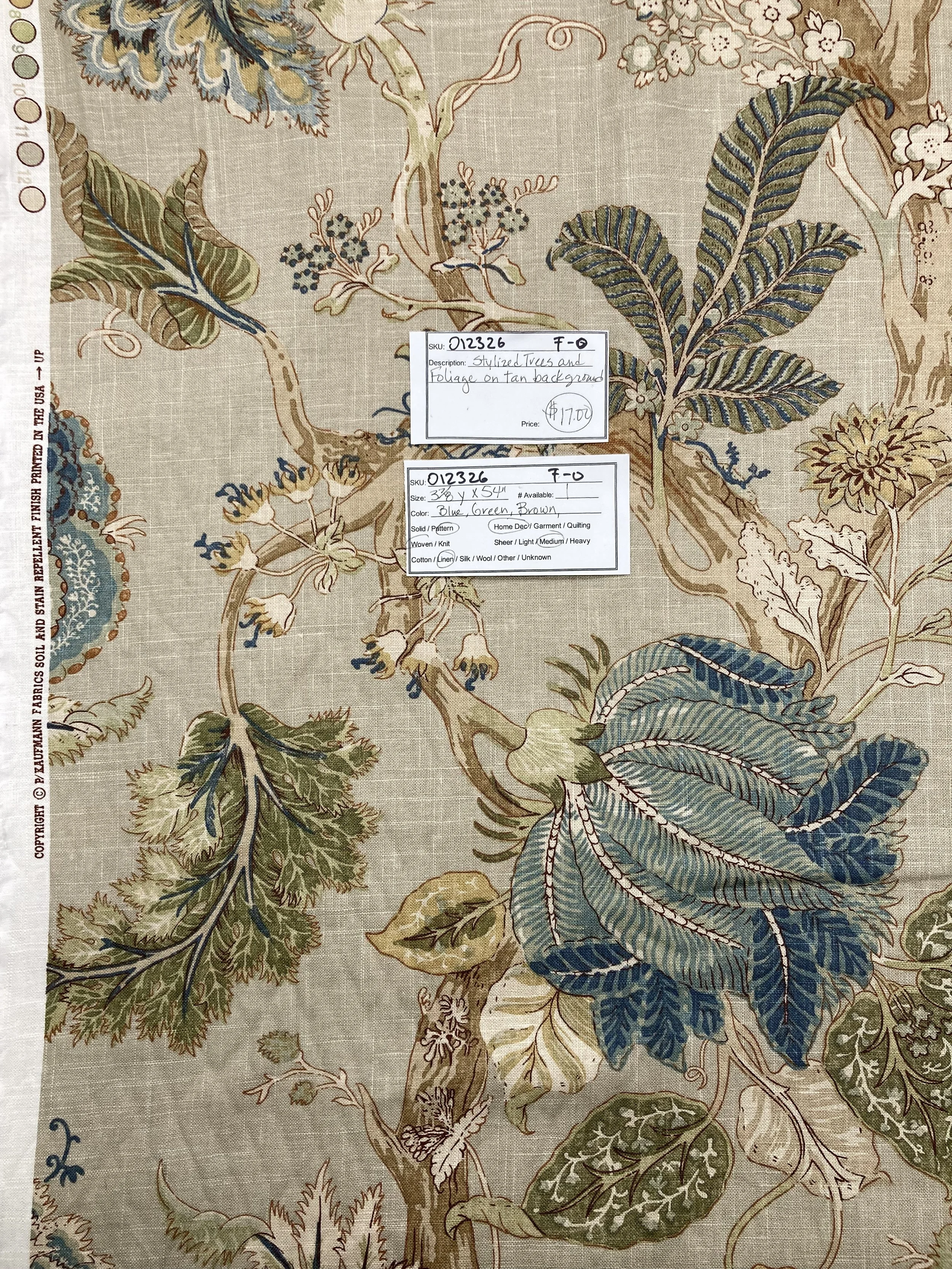 012326-F-O Stylized trees and foliage; Linen; 3 7/8yds x 54"