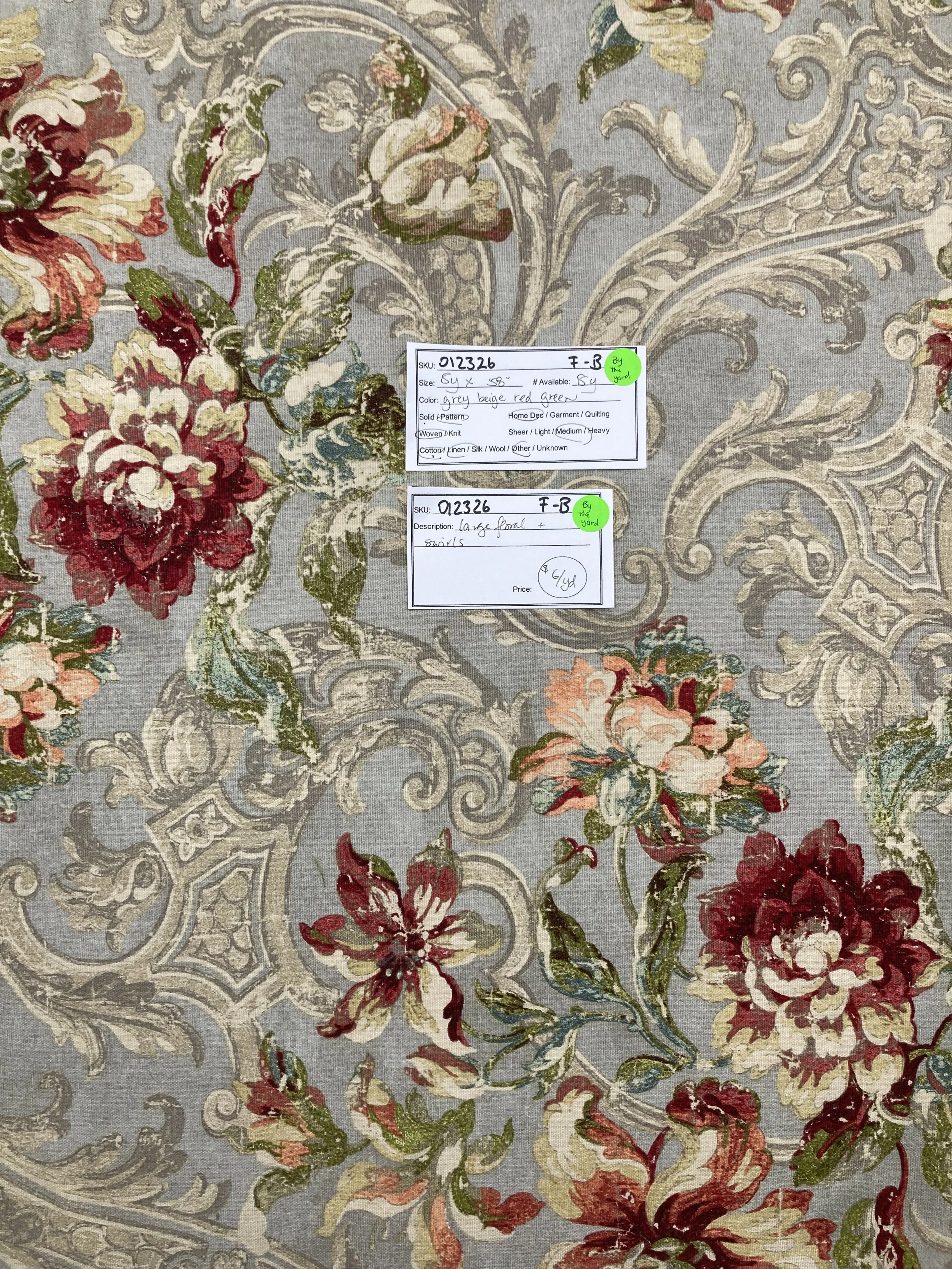 012326-F-B Large florals and swirls; Cotton/linen; 58"; by the yd