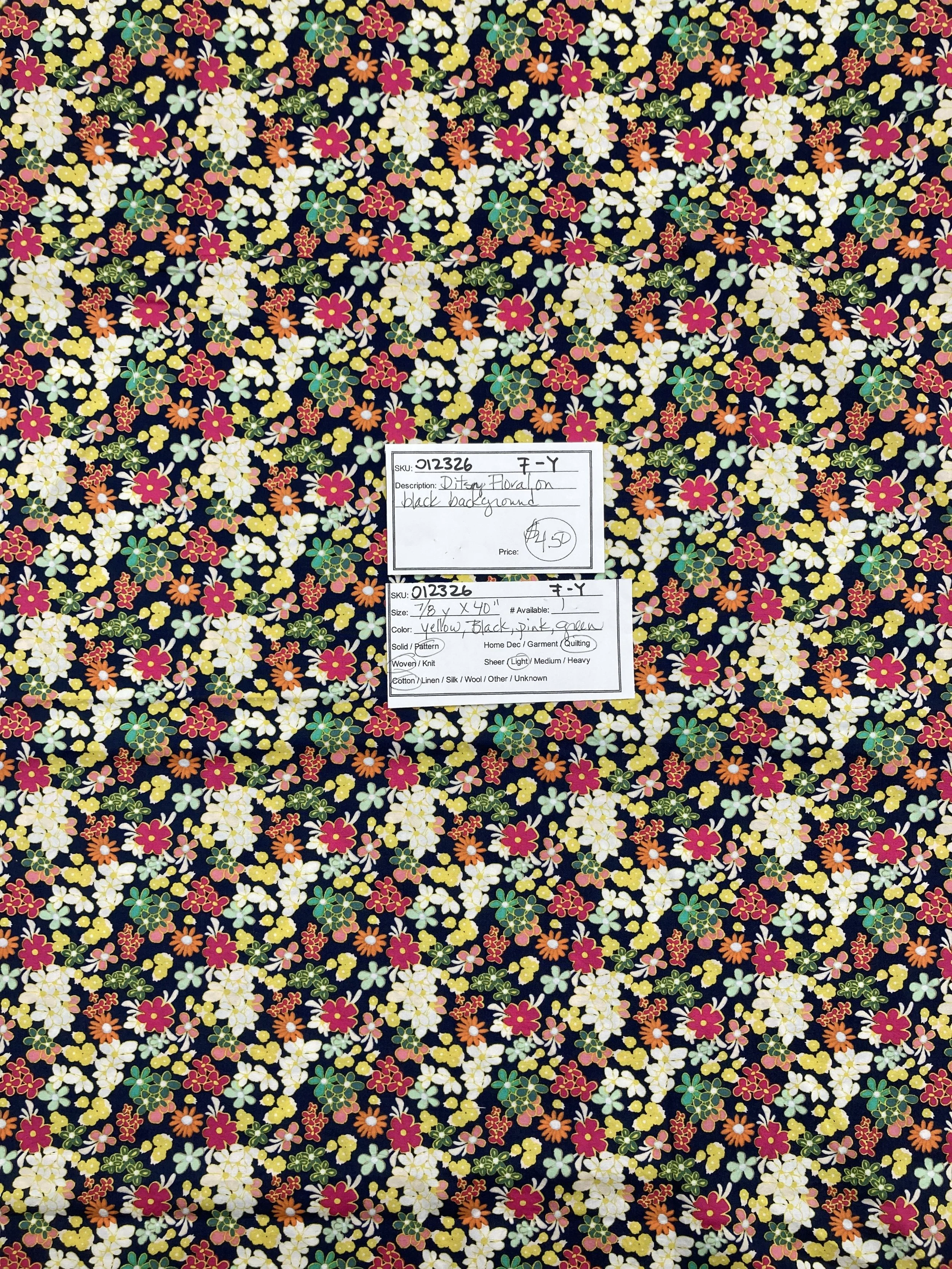 012326-F-Y Multicolored flowers on black; Cotton; 7/8 yd x 40"