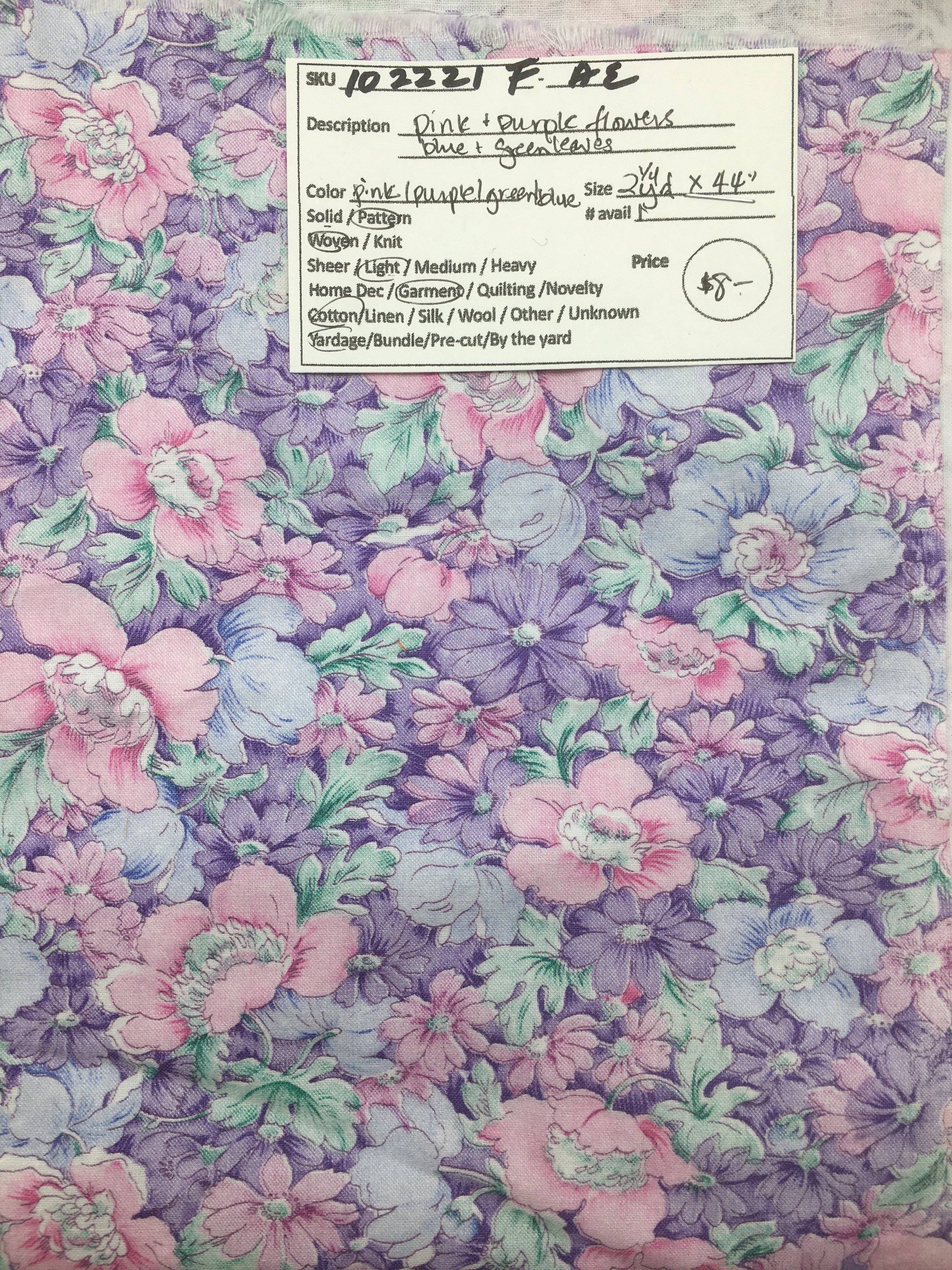 102221-F-AE Pink + purple floral quilting cotton, 2-1/4 yds x 44'' 