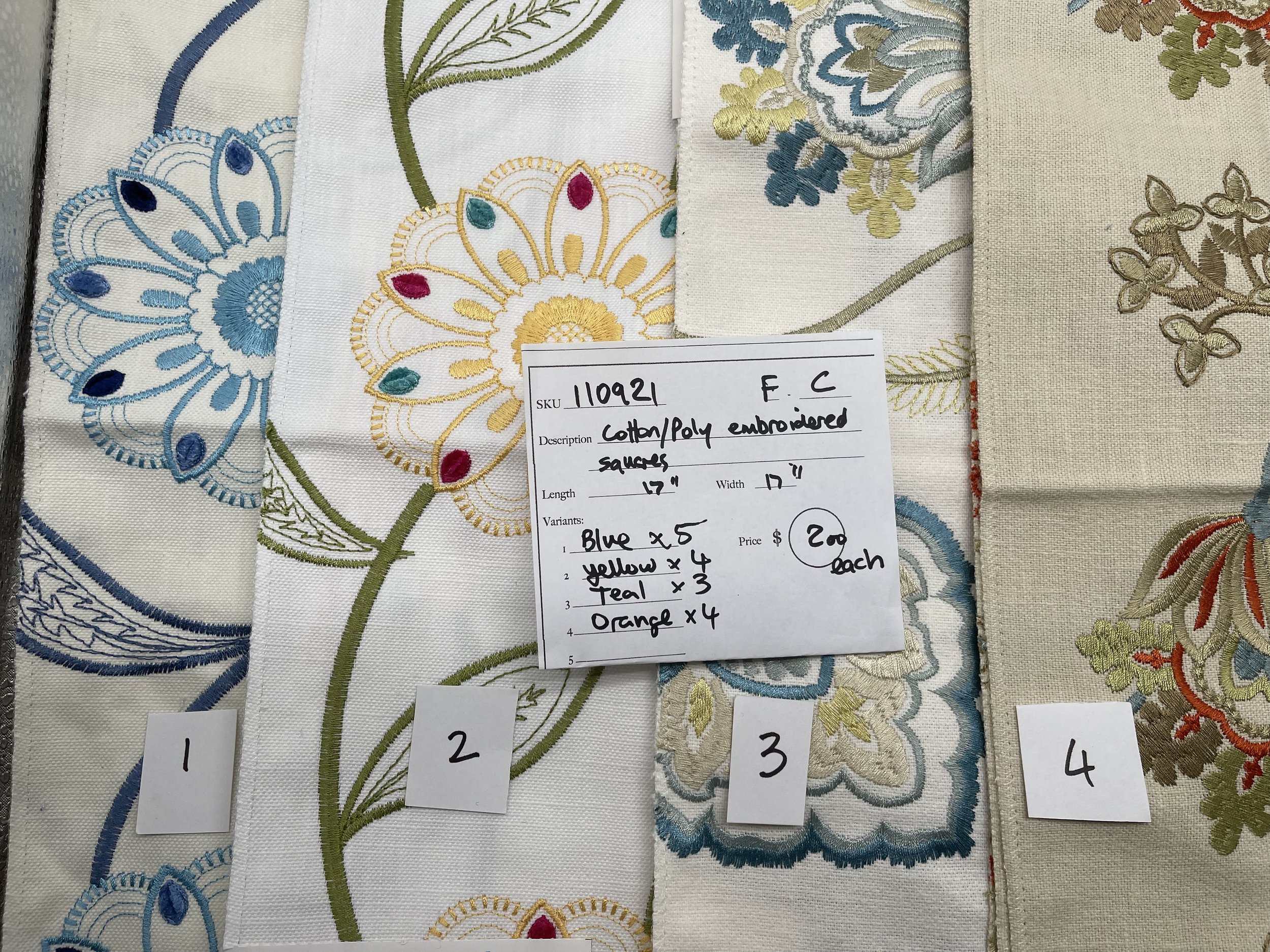 110921-F-C Polycotton with embroidered flowers, 17"x17", 4 colors.