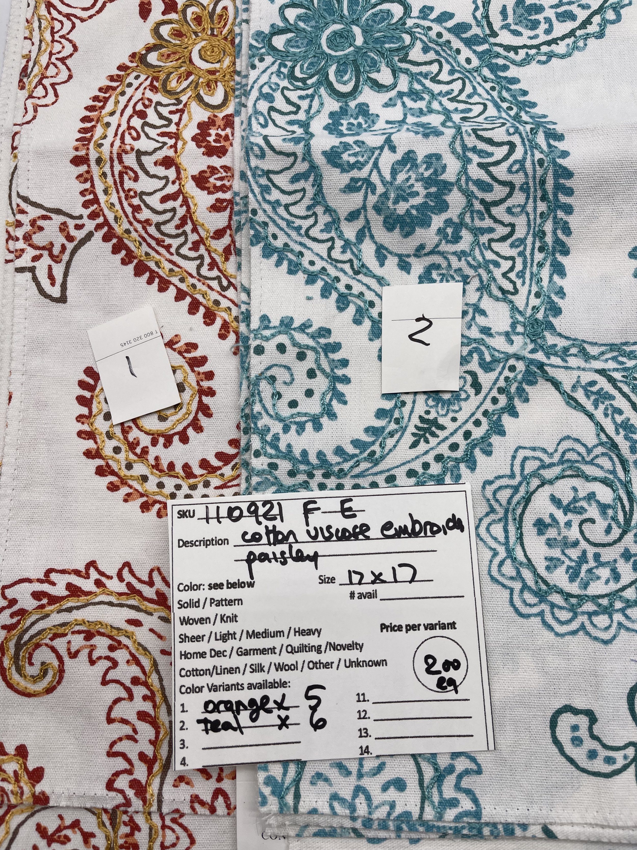 110921-F-E Cotton/Viscose, paisley pattern on white, orange or teal, 17"x17"