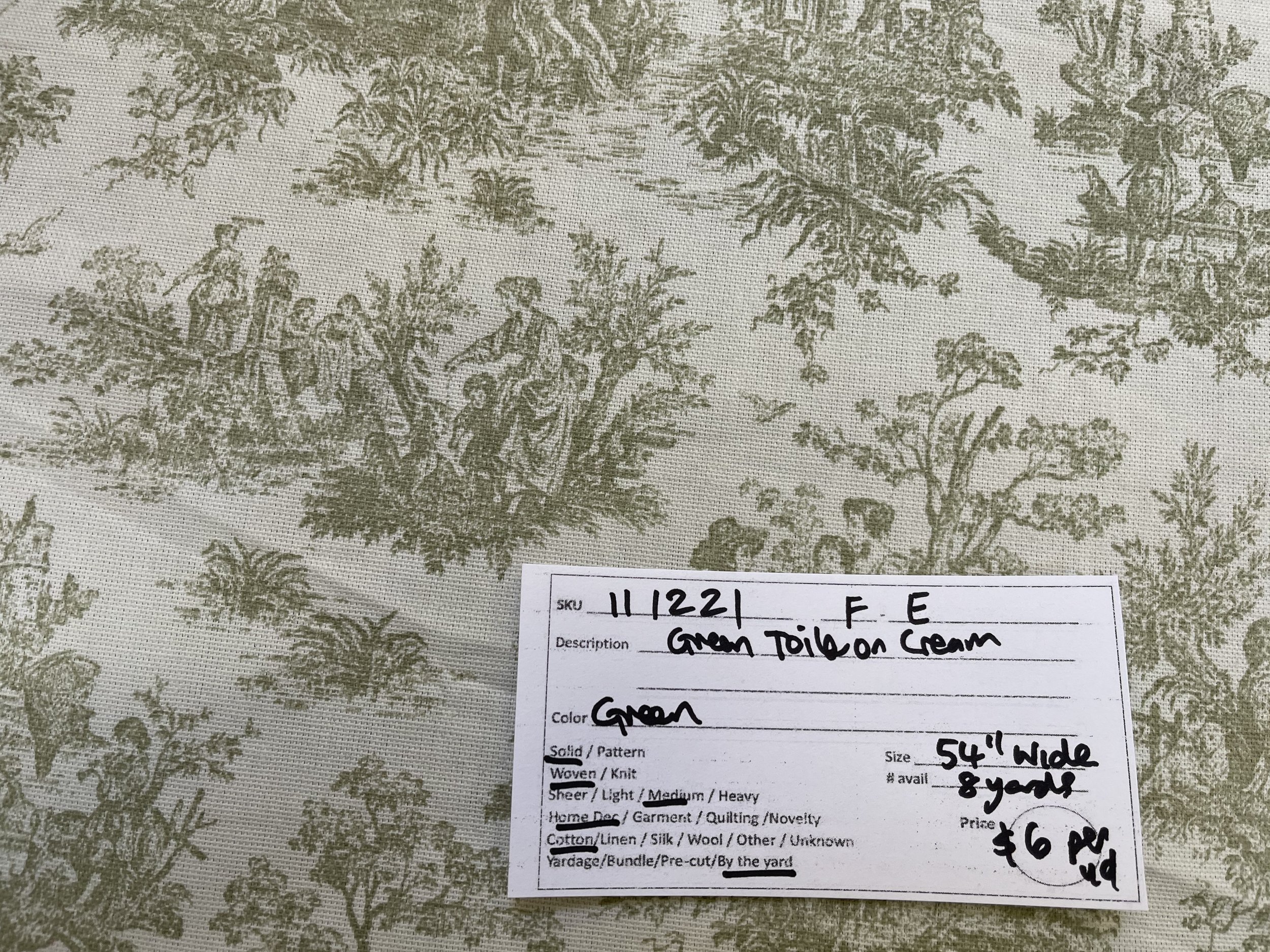 111221-F-E1 Green toile on cream, 54" wide, sold by the yard.