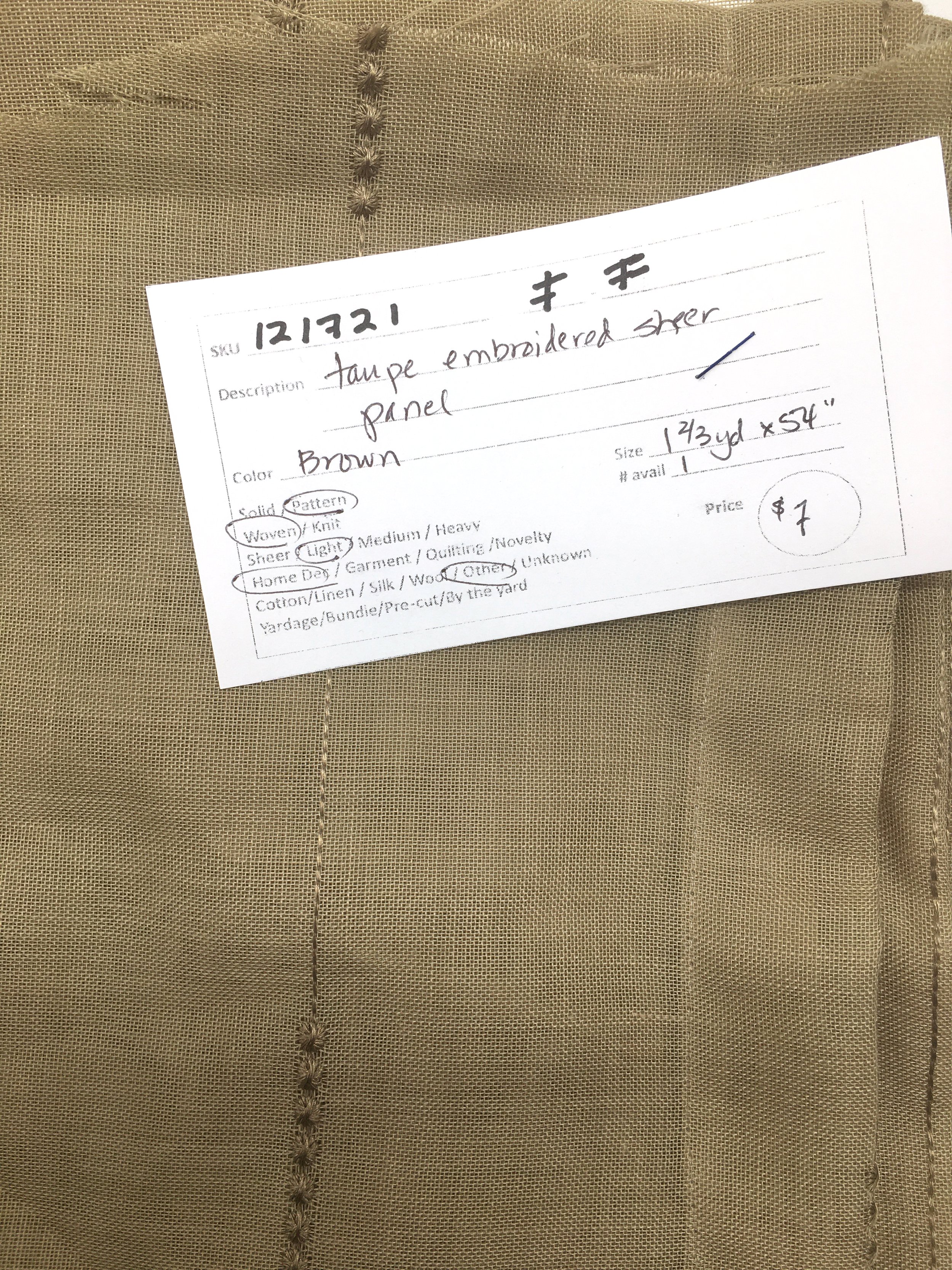 121721-F-F  Taupe embroidered sheer panel; 1-2/3 yd x 54 in