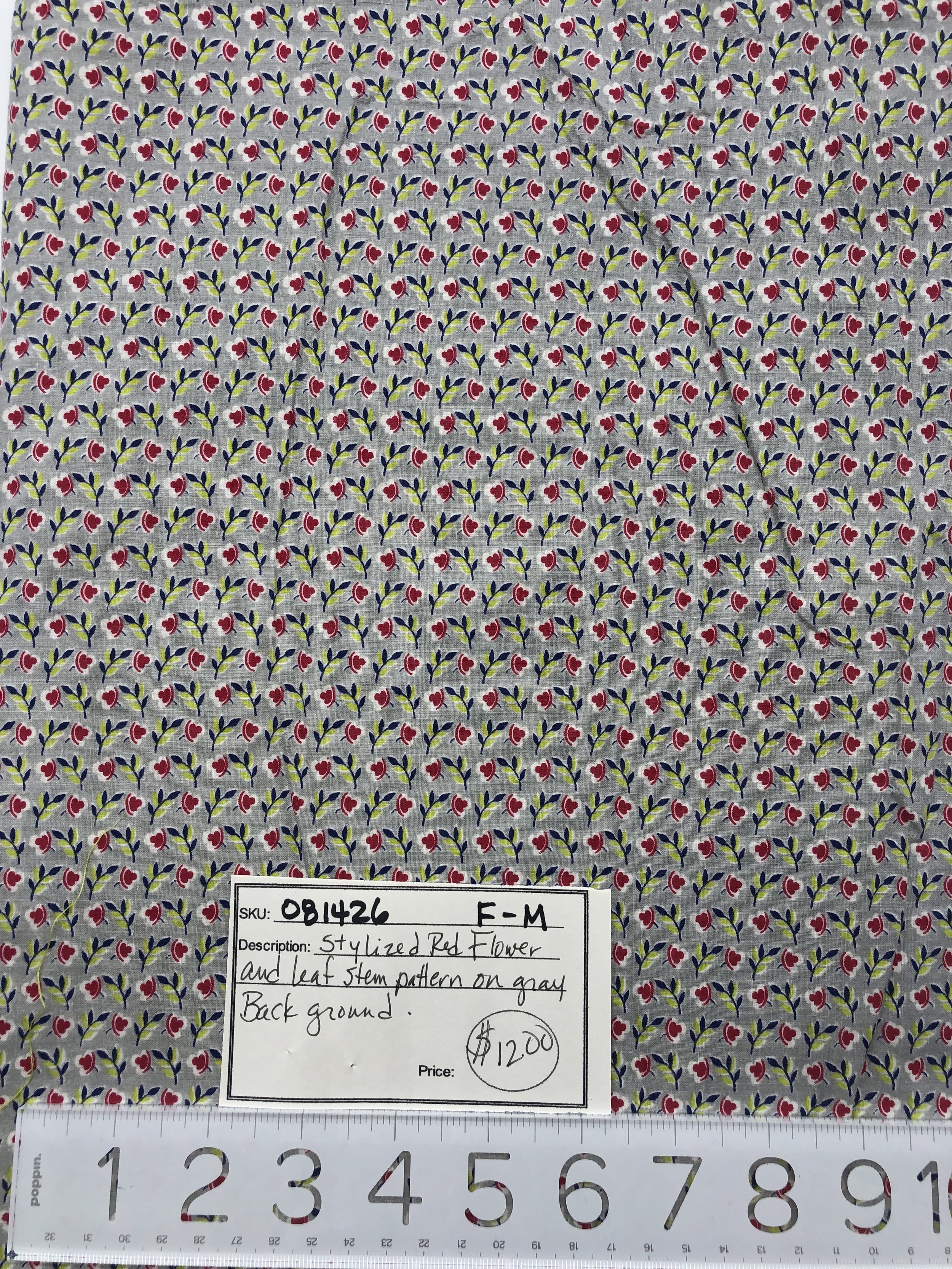 081426-F-M Stylized red flowers on grey; Cotton; 2 3/8 yds x 36"