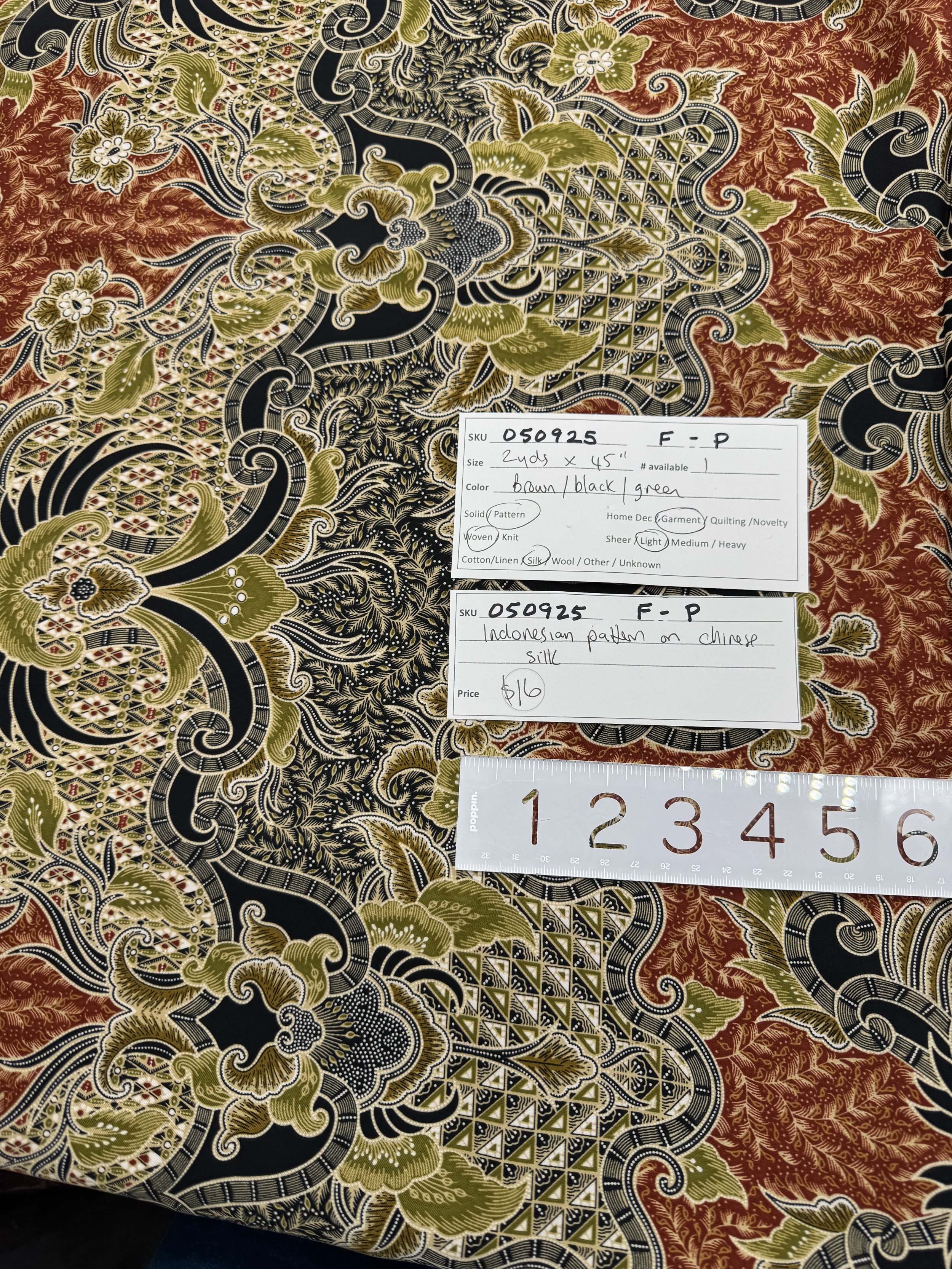 050925-F-P Indonesian pattern on Chinese silk, brown/black/green; 2 yd x 45"
