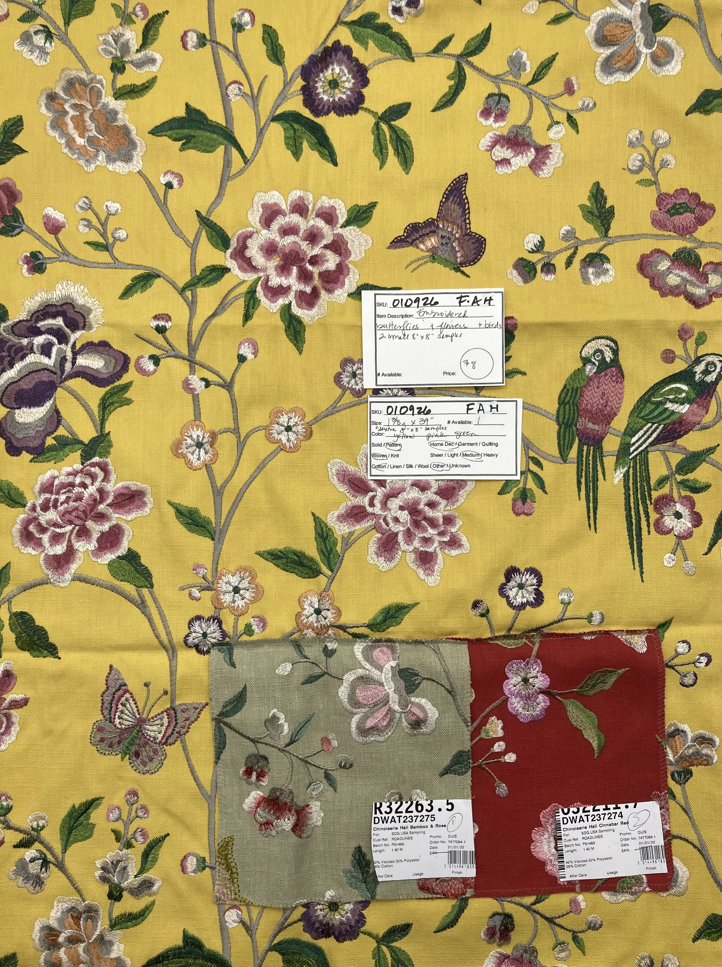 010926-F-AH Embroidered butterflies & birds on yellow, Cotton blend; 1 3/8 yd x 39"