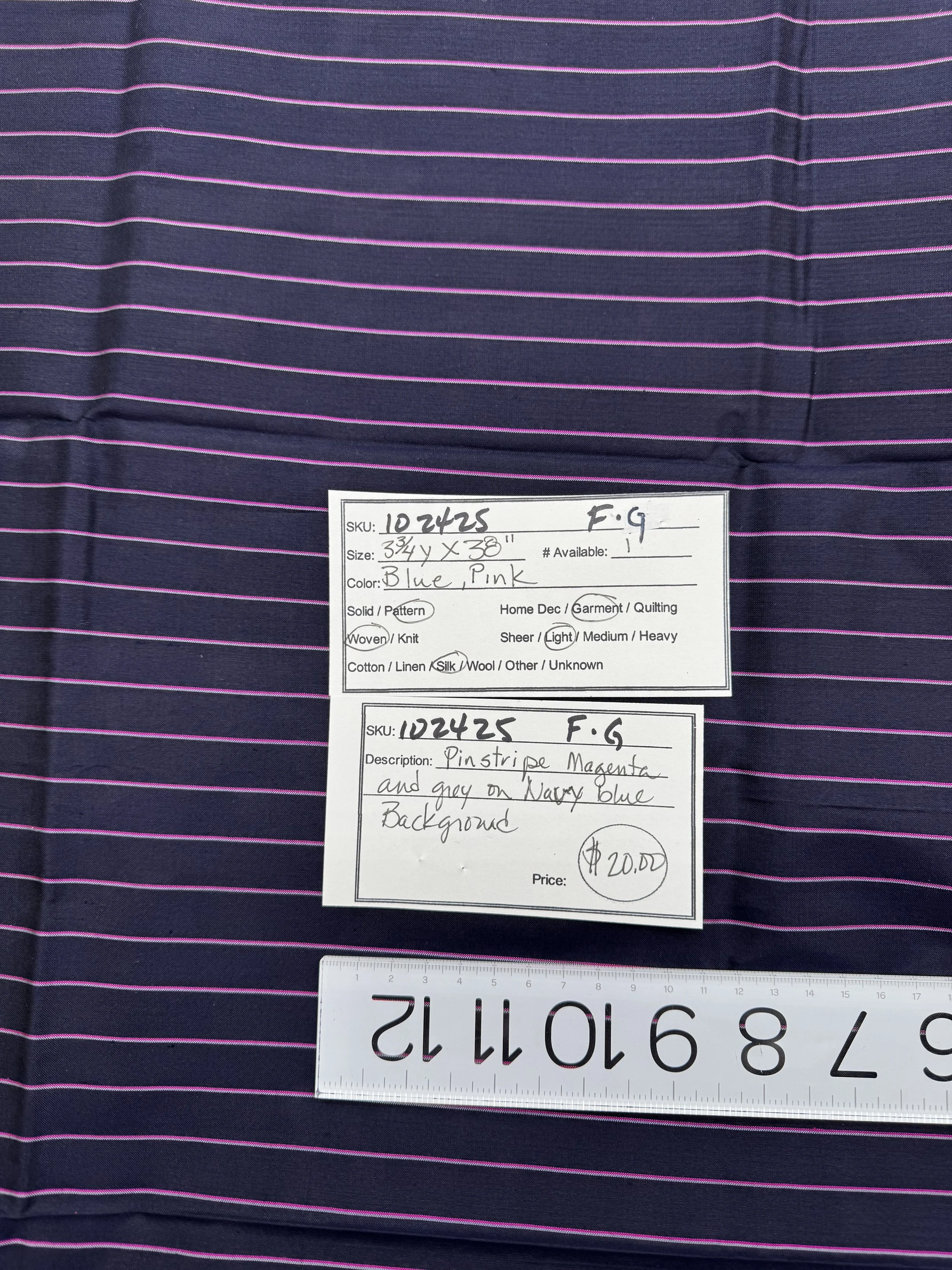 102425-F-G Pinstripe magenta and grey; Silk; 3 3/4 yds x 38"