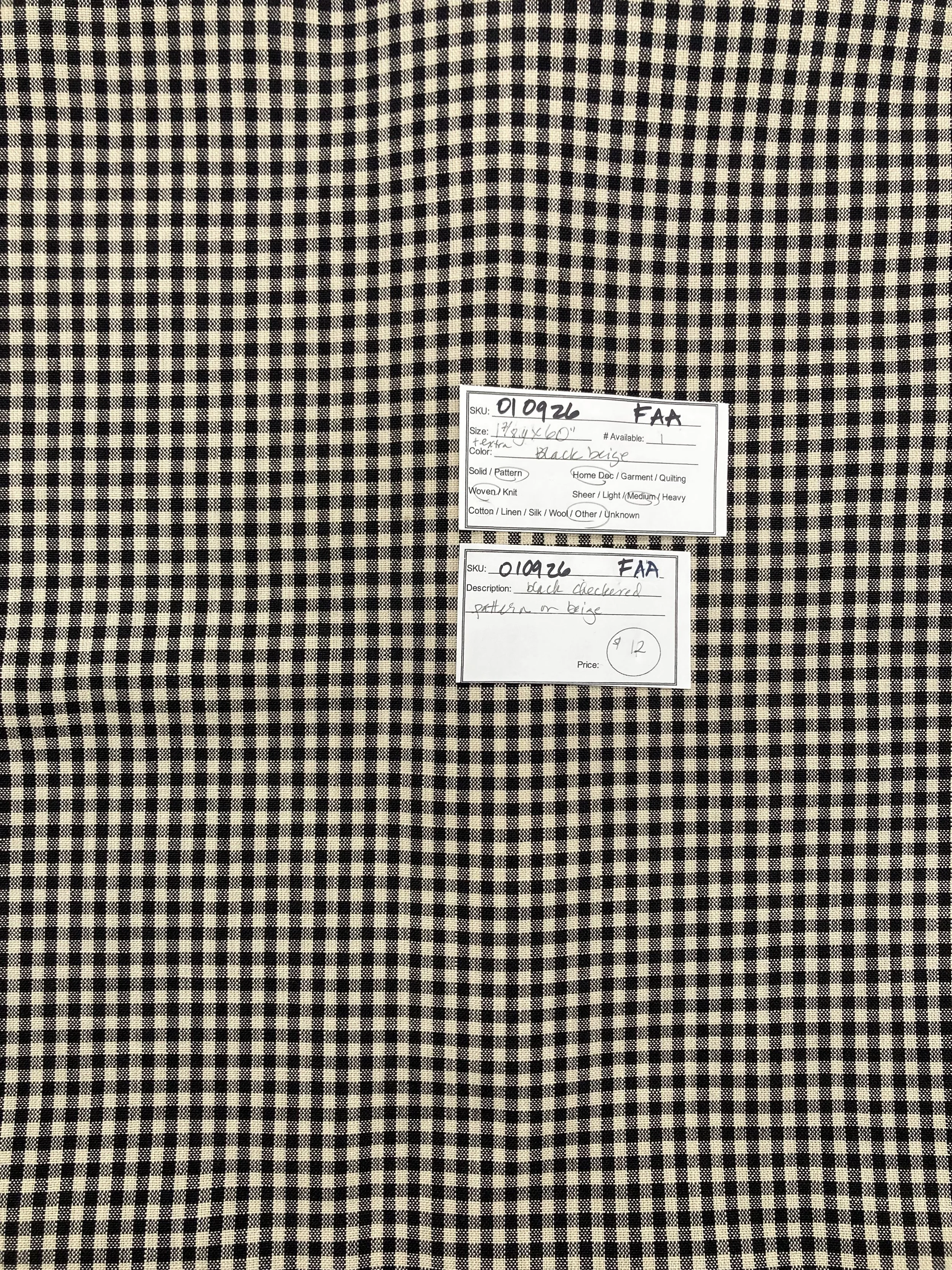 010926-F-AA Black & beige checks; 1 7/8 yd x 60"