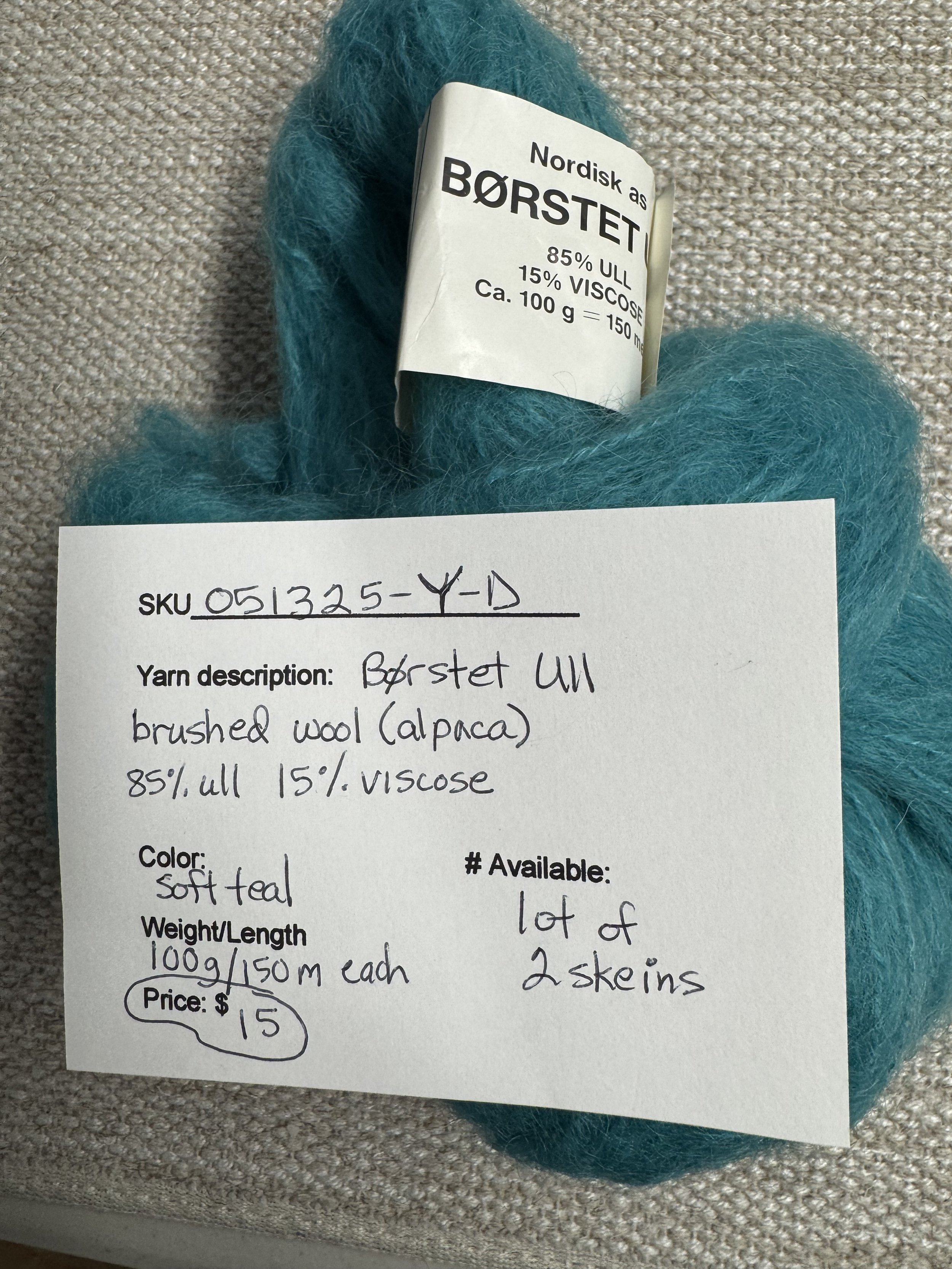 051325-Y-D Borstet alpaca 85/15 ull/viscose, teal, 100g 150m, Lot of 2