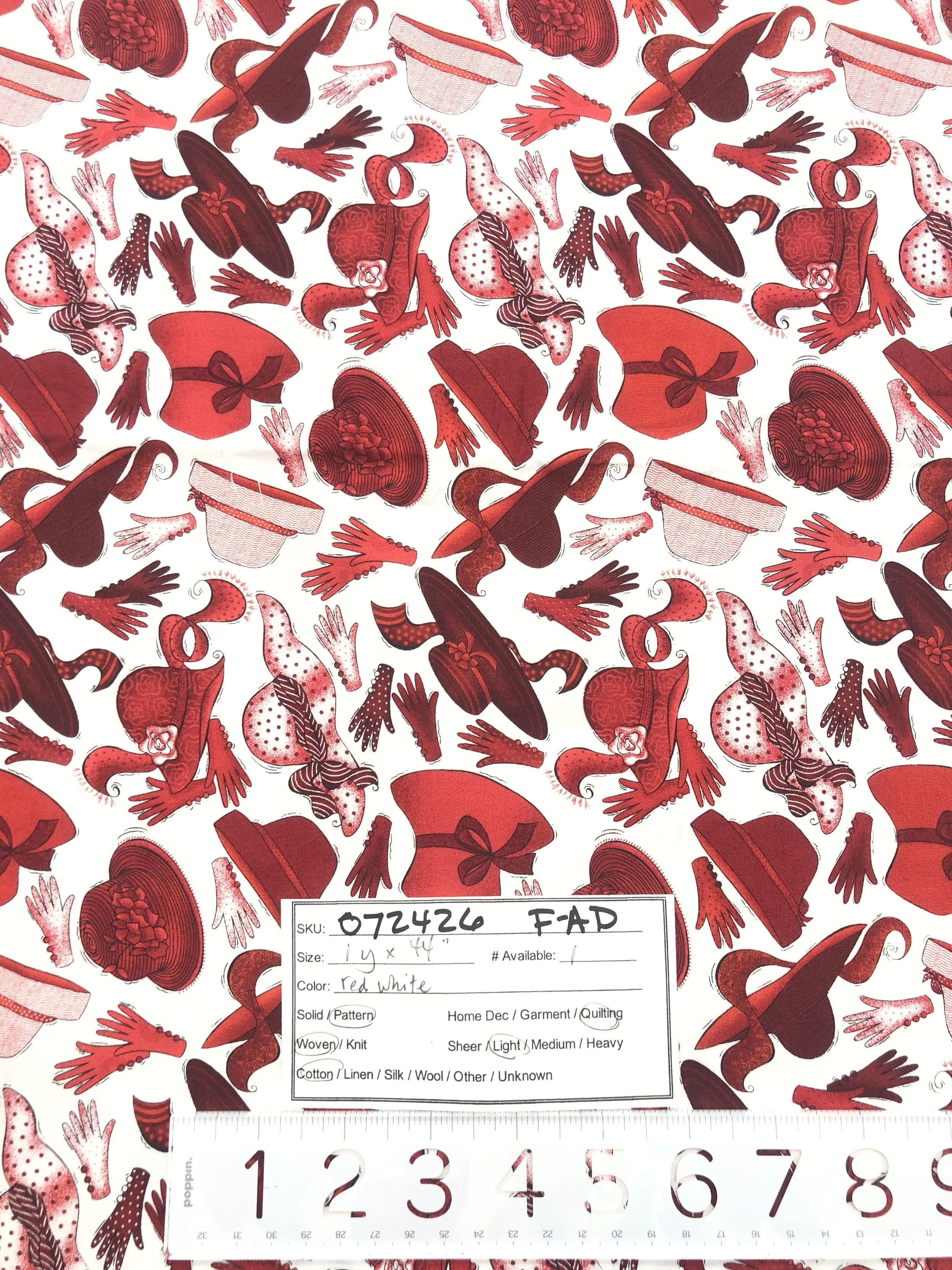 072426-F-AD Red hats on white; Cotton; 1 yd x 44"
