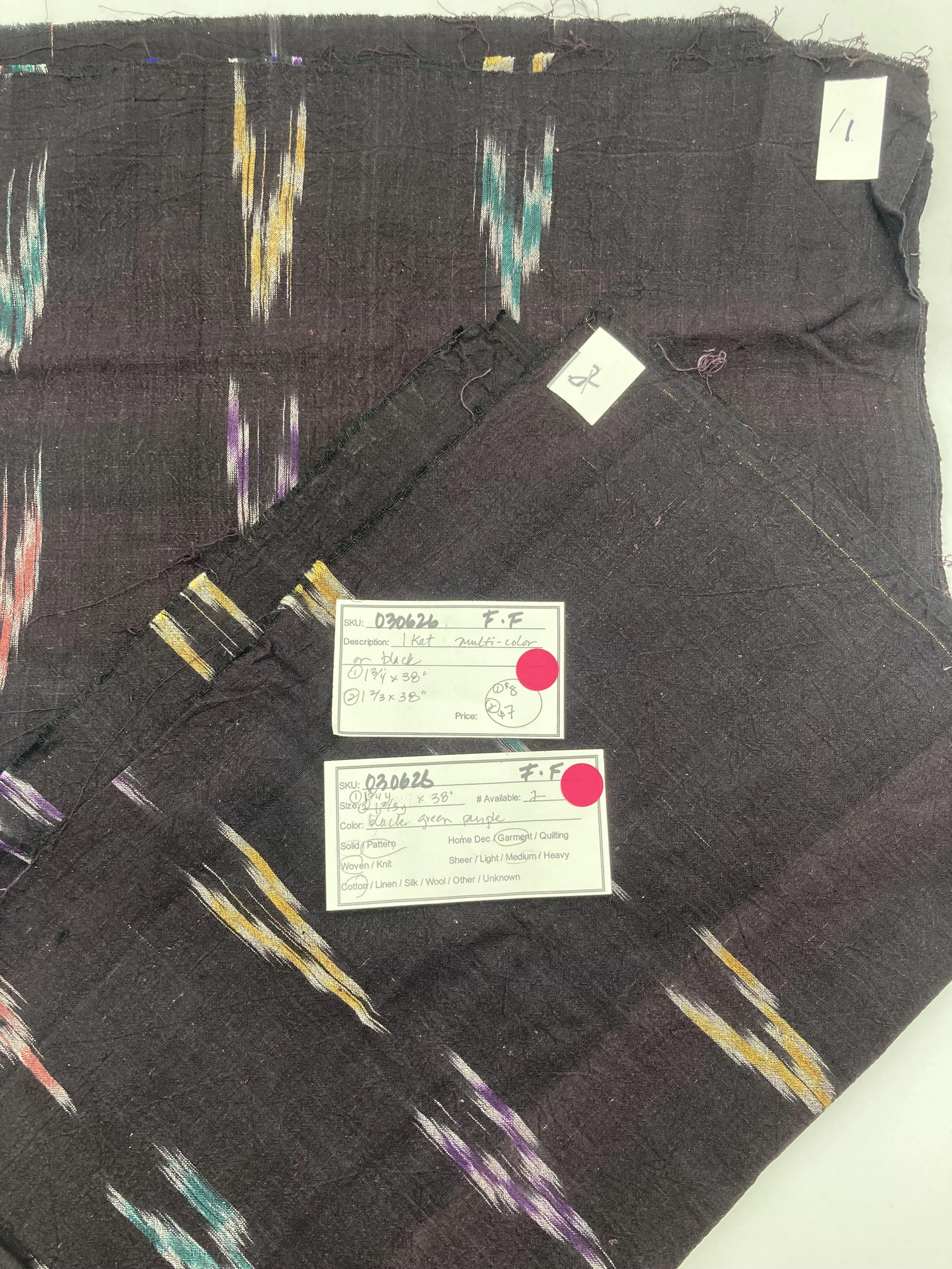 030626-F-F Ikat pattern on black; Cotton; Variants