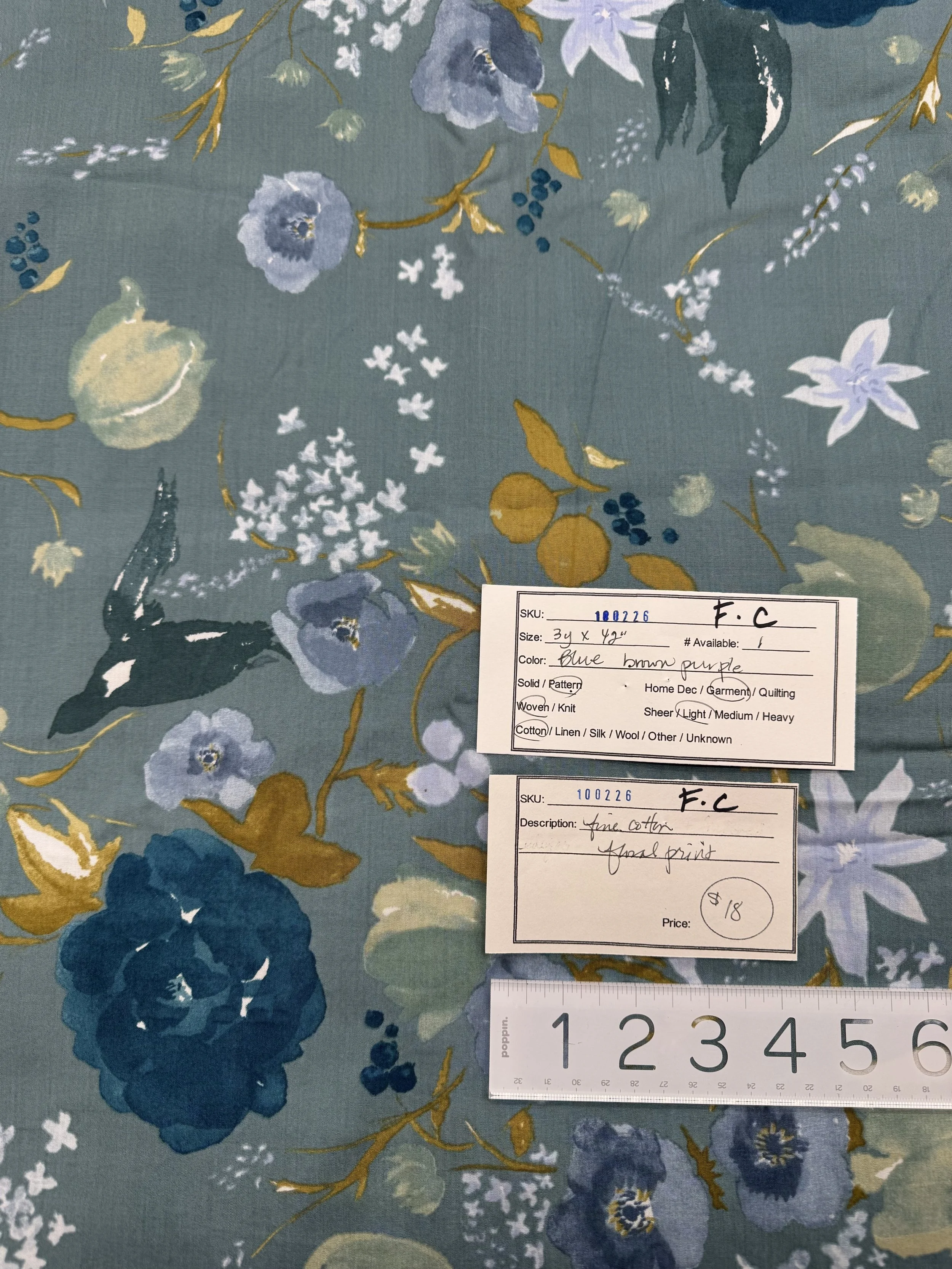 100226-F-C Floral print on fine cotton; 3 yds x 42"