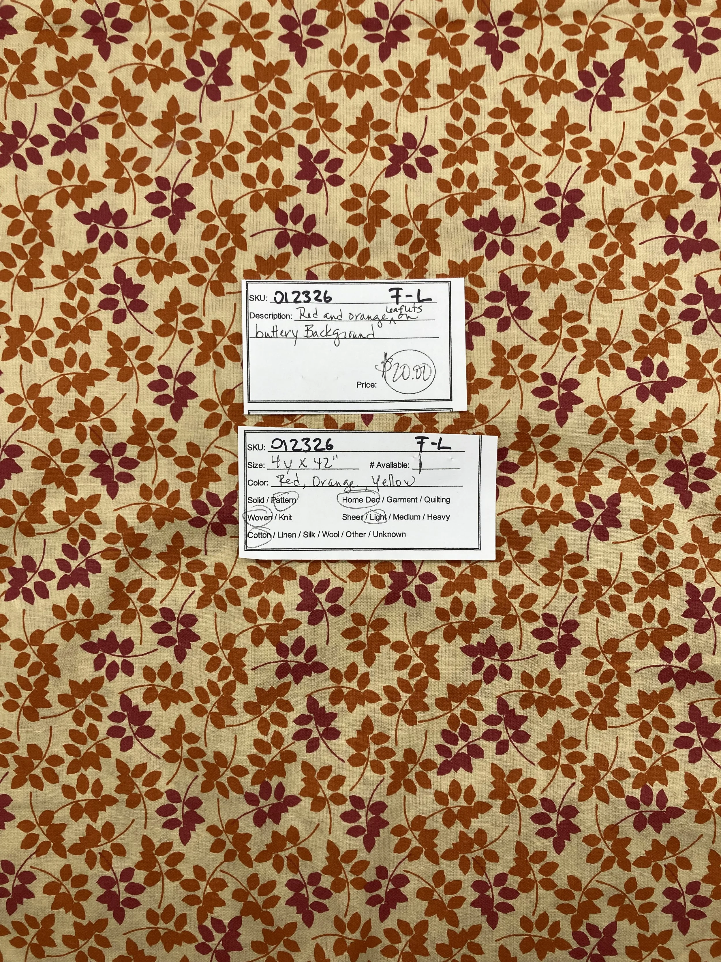 012326-F-L Red and orange leaflets; Cotton; 4 yds x 42"