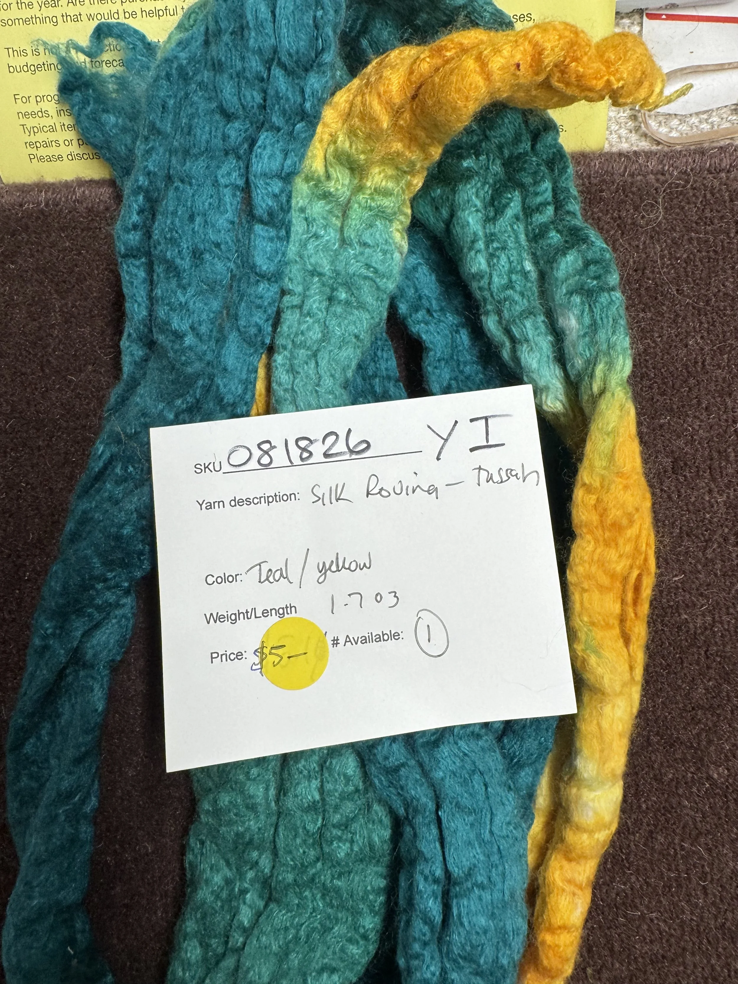 081826-Y-I Silk roving, tussah, teal/yellow, 1.7 oz