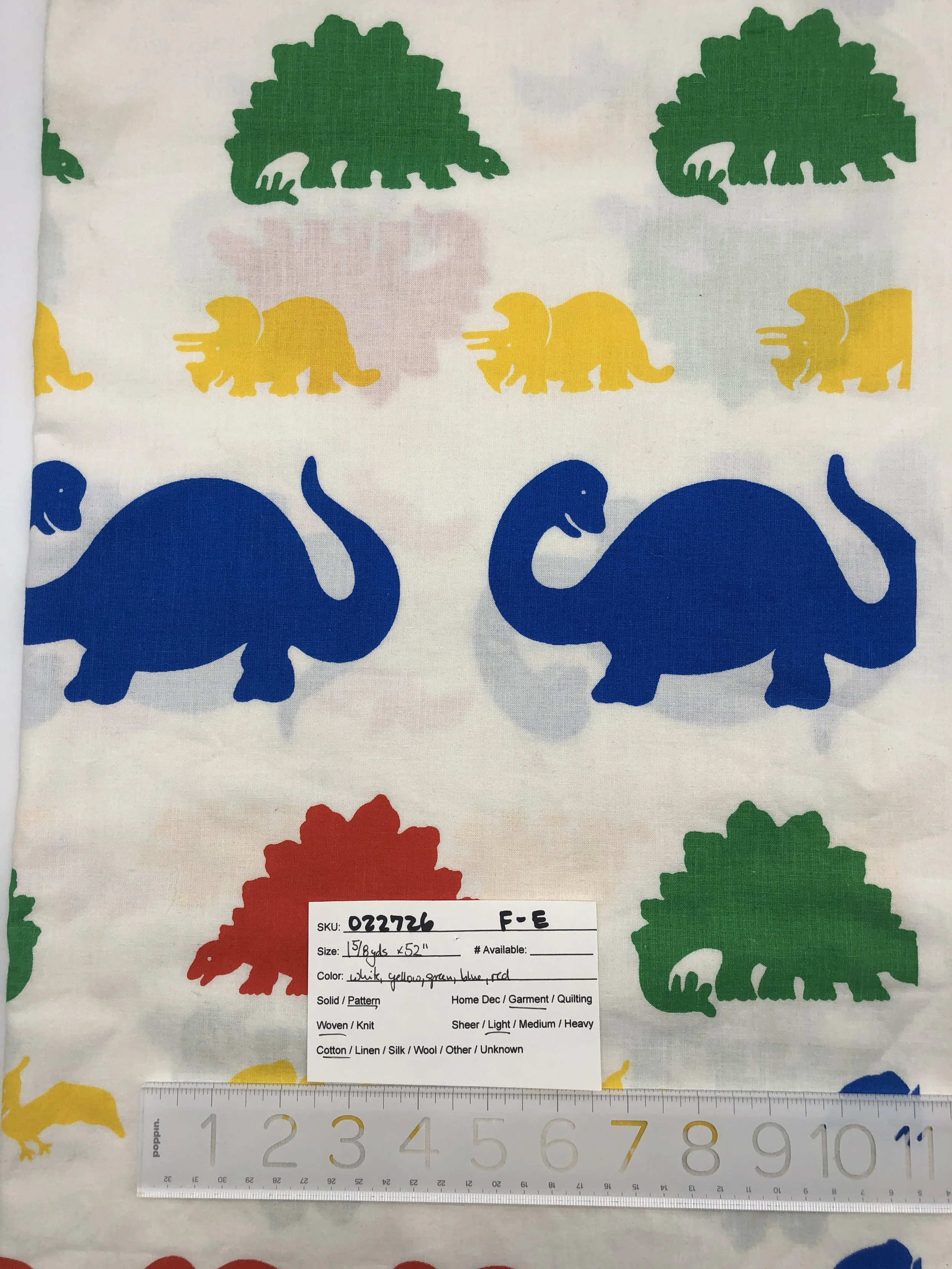 022726-F-E Dinos in primary colors; Cotton; 1 5/8 yds x 52"