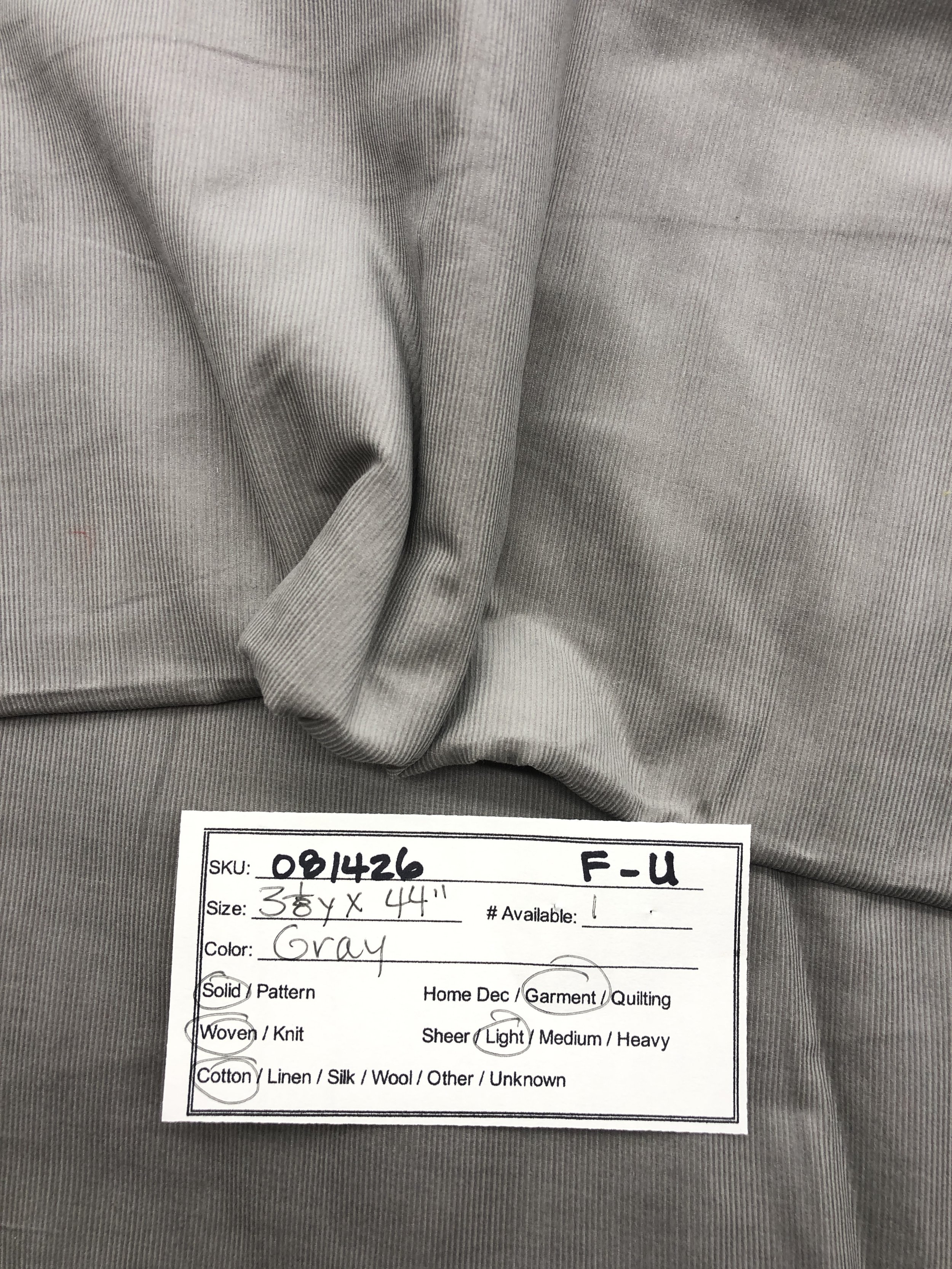 081426-F-U Soft grey pin wale corduroy; Cotton; 3 1/8 yds x 44"
