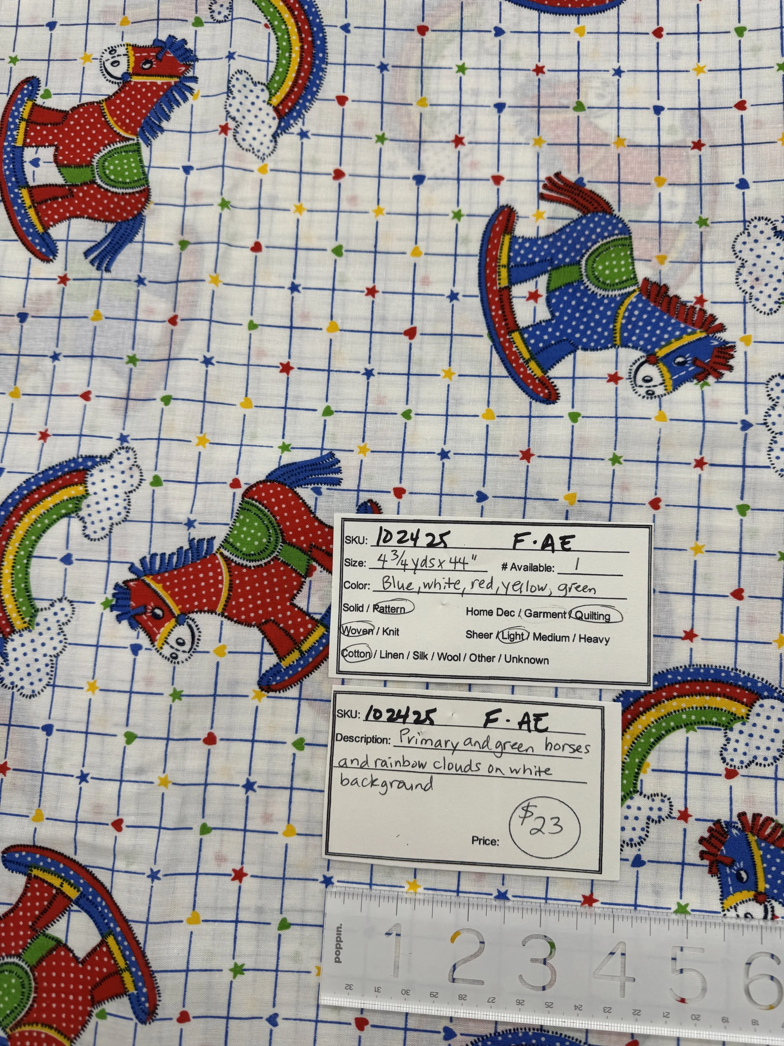 102425-F-AE Colorful horses and rainbows; Cotton; 4 3/4 yds x 44"