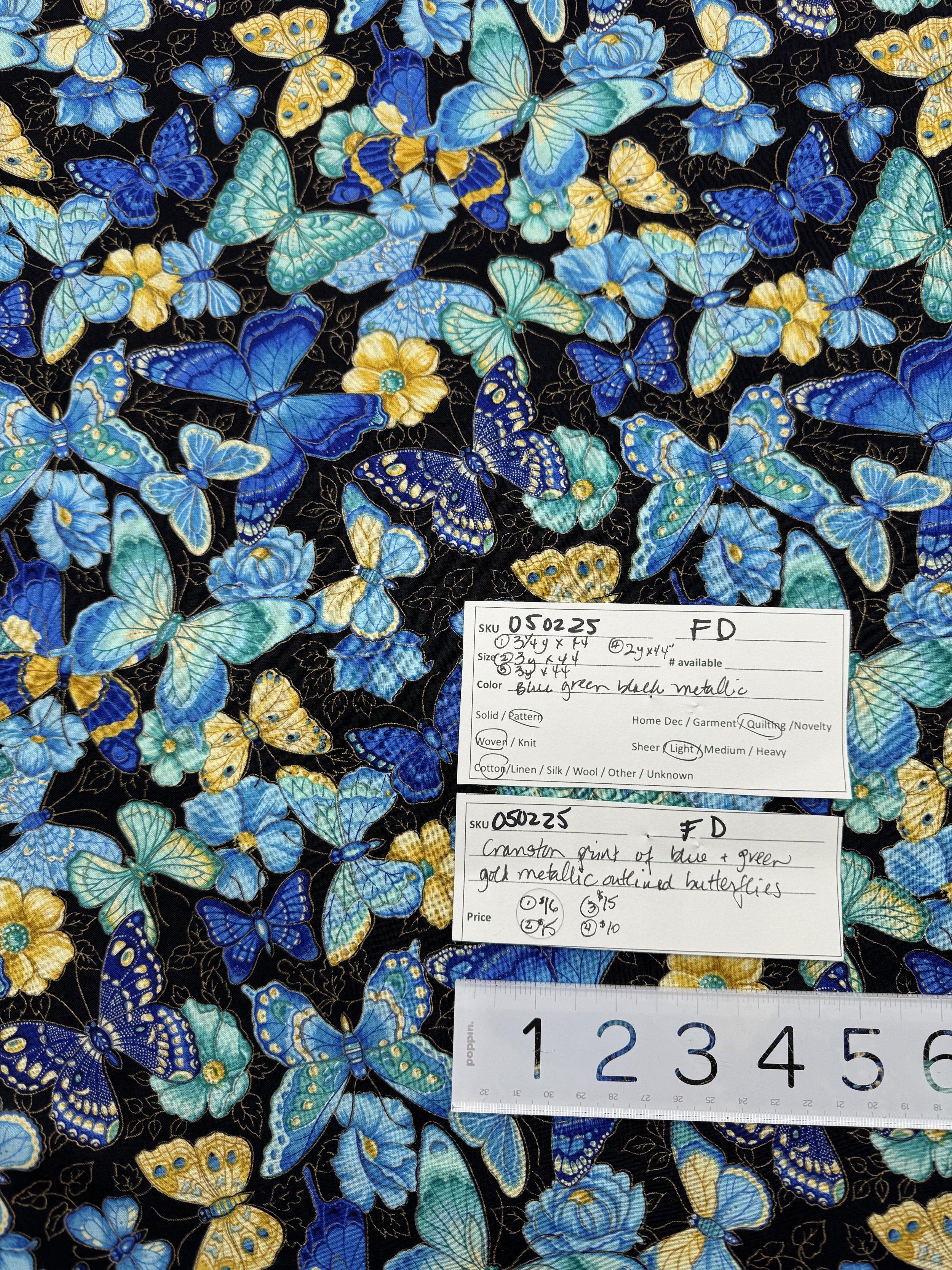 050225-F-D Metallic outlined butterflies; Cotton; 44" wide: Variants