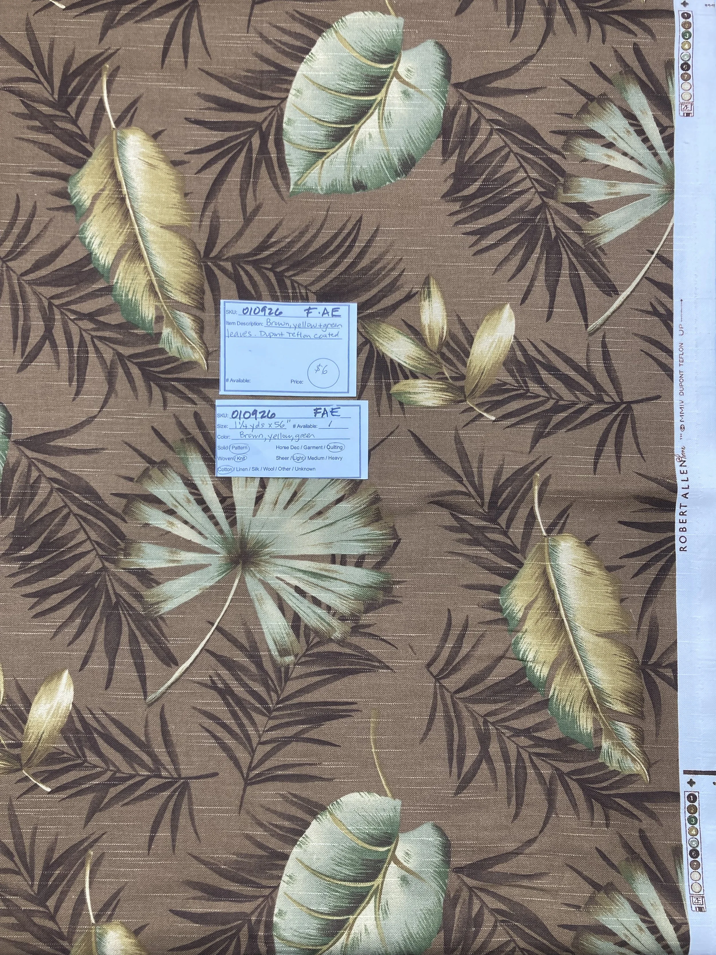 010926-F-AE Yellow leaves on brown, Cotton; 1 1/4 yd x 56"