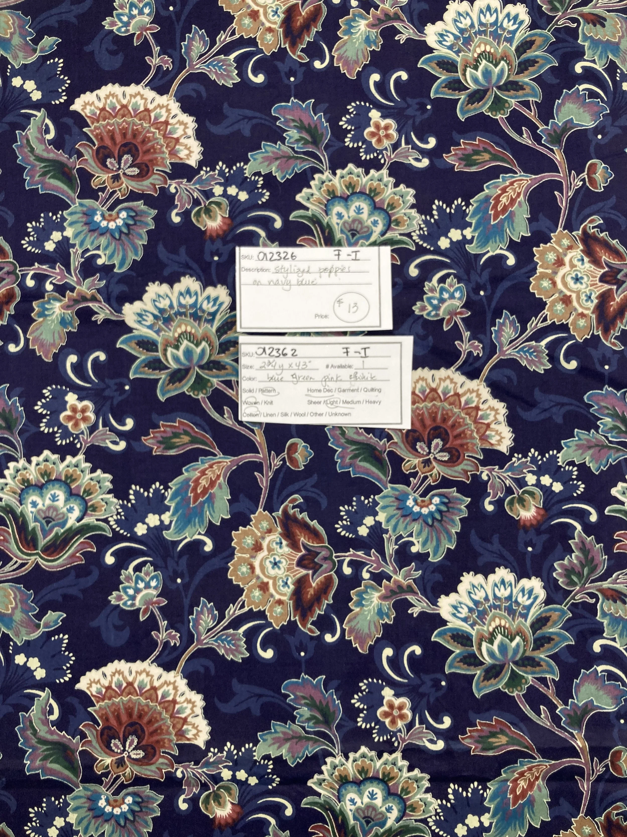 012326-F-I Stylized poppies on navy blue; Cotton; 2 3/4 yds x 43"