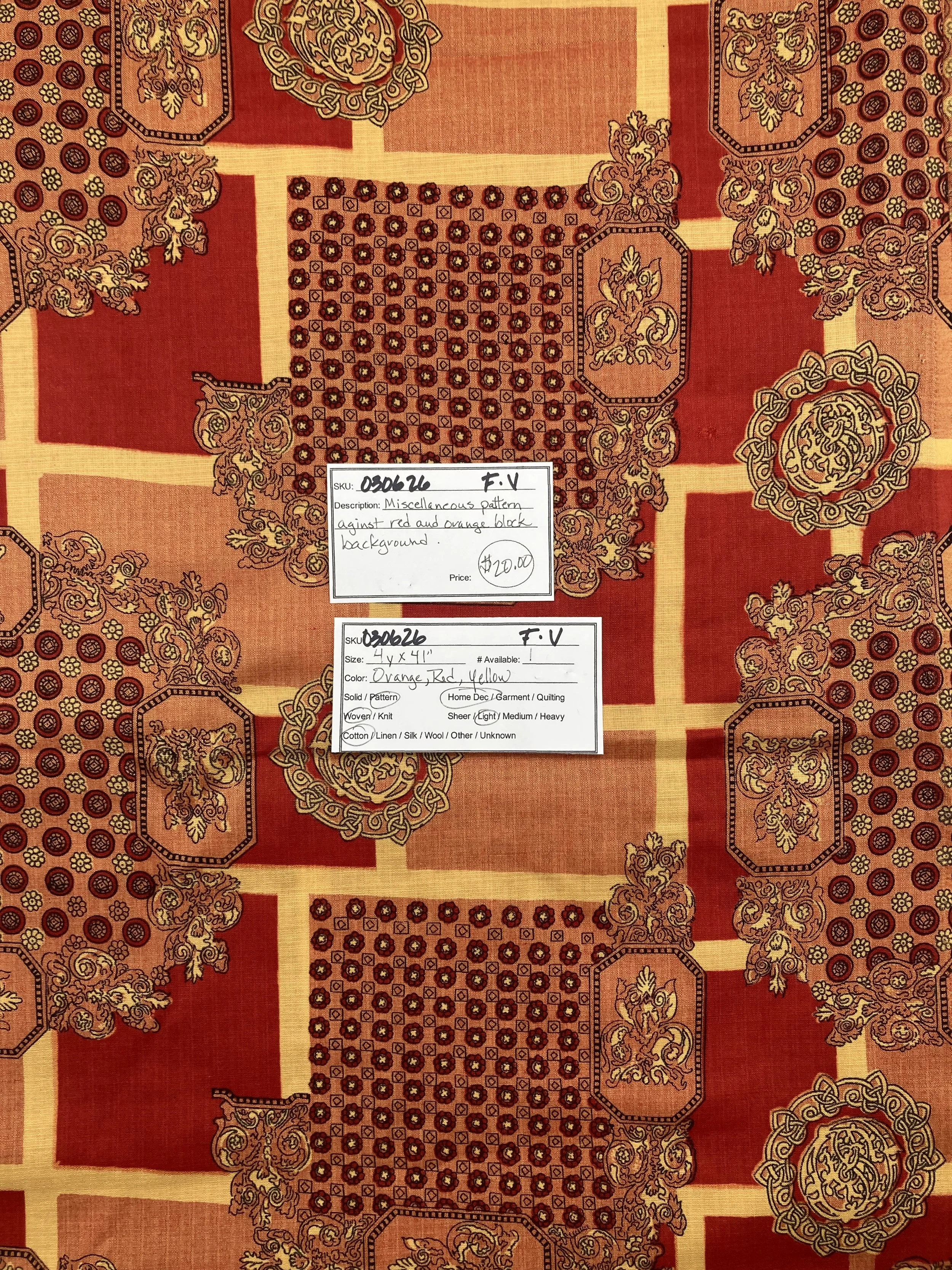 030626-F-V Various patterns on red; Cotton; 4 yds x 41"