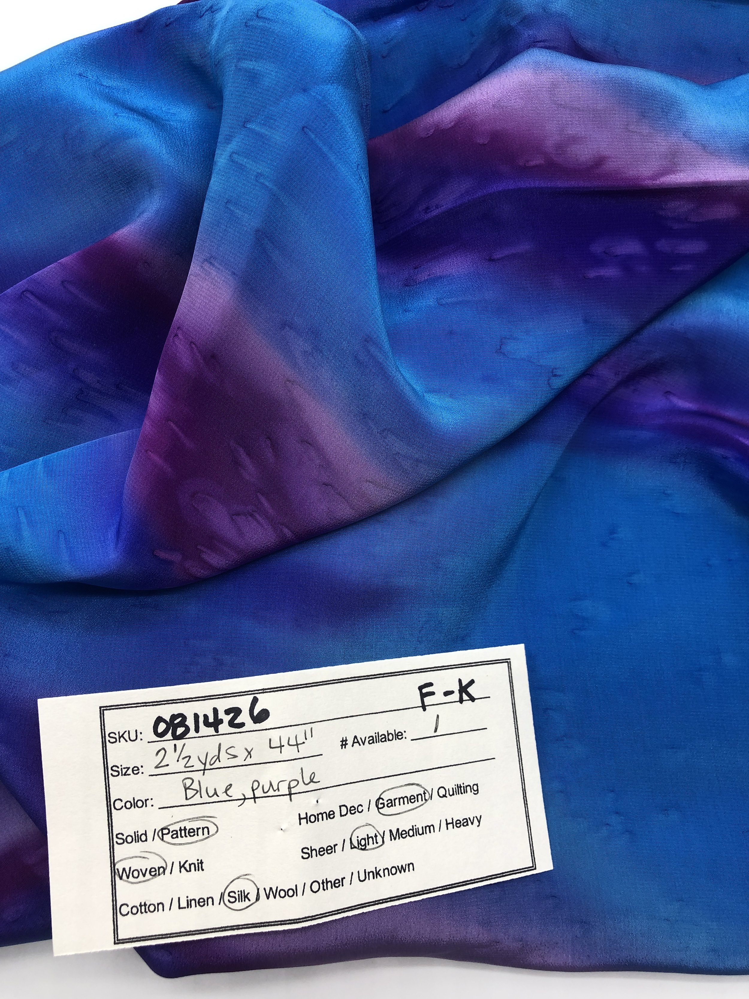 081426-F-K Blue and purple silk; 2 1/2 yds x 44"